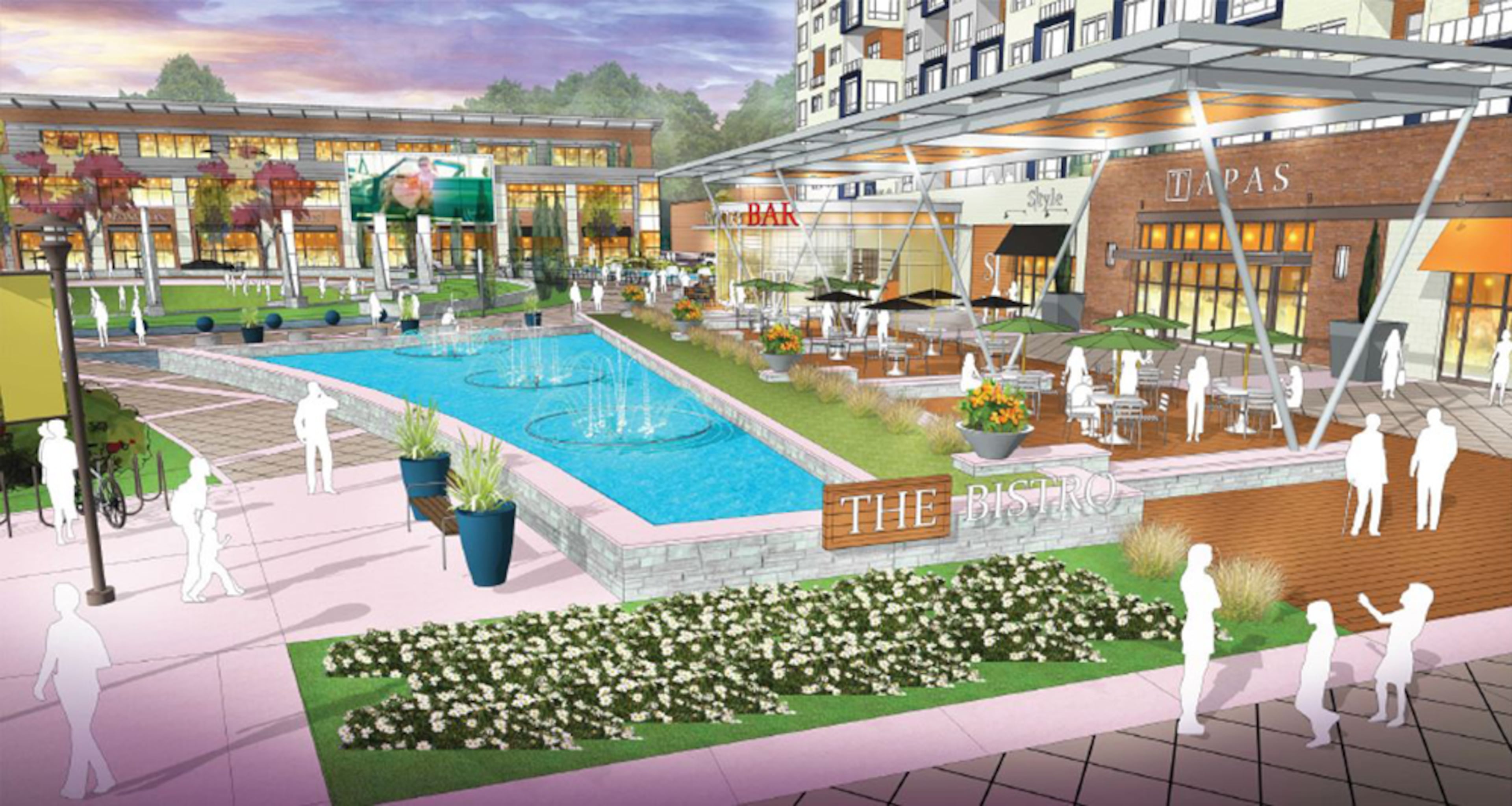 Renderings of Weingarten Realty’s design concept for the redevelopment of the Boisfeuillet Jones Atlanta Civic Center in Midtown includes apartments over retail, townhomes, office space and a park with an amphitheater. Source: Weingarten Realty and HGOR