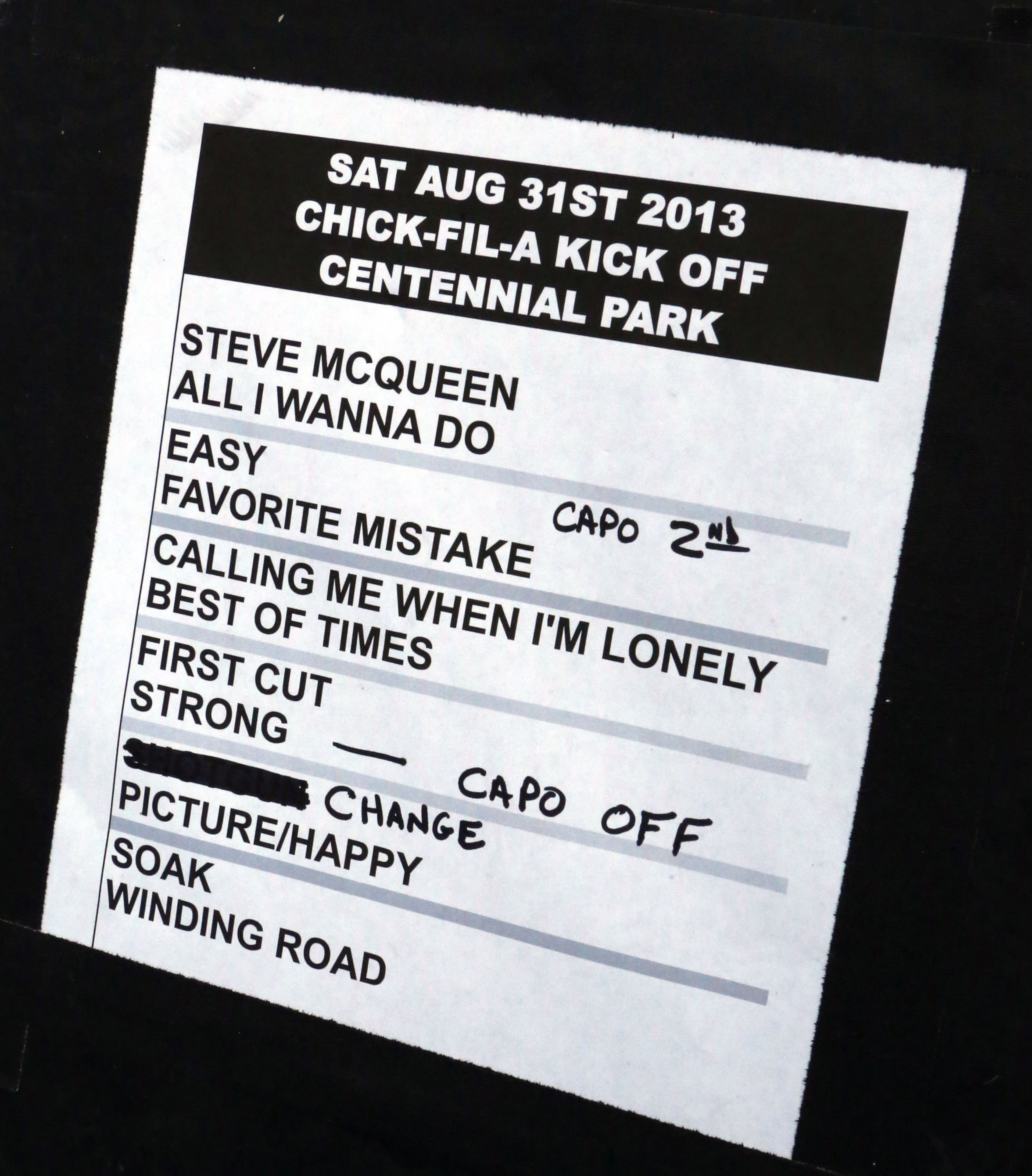 Sheryl Crow's set list for Saturday in downtown Atlanta. Crow headlined the Chick-fil-A Kickoff concert at Centennial Olympic Park.