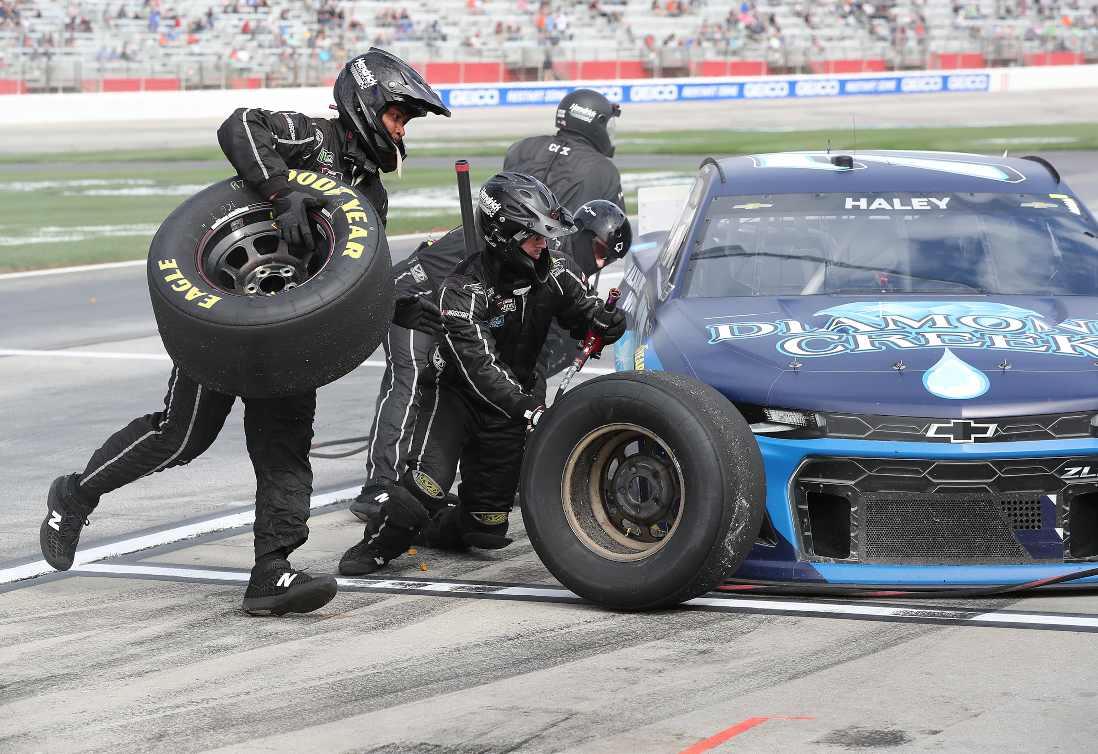 Justin Haley makes a pit stop during the Folds of Honor QuikTrip 500 Sunday, March 21, 2021, at Atlanta Motor Speedway in Hampton. (Curtis Compton / Curtis.Compton@ajc.com)