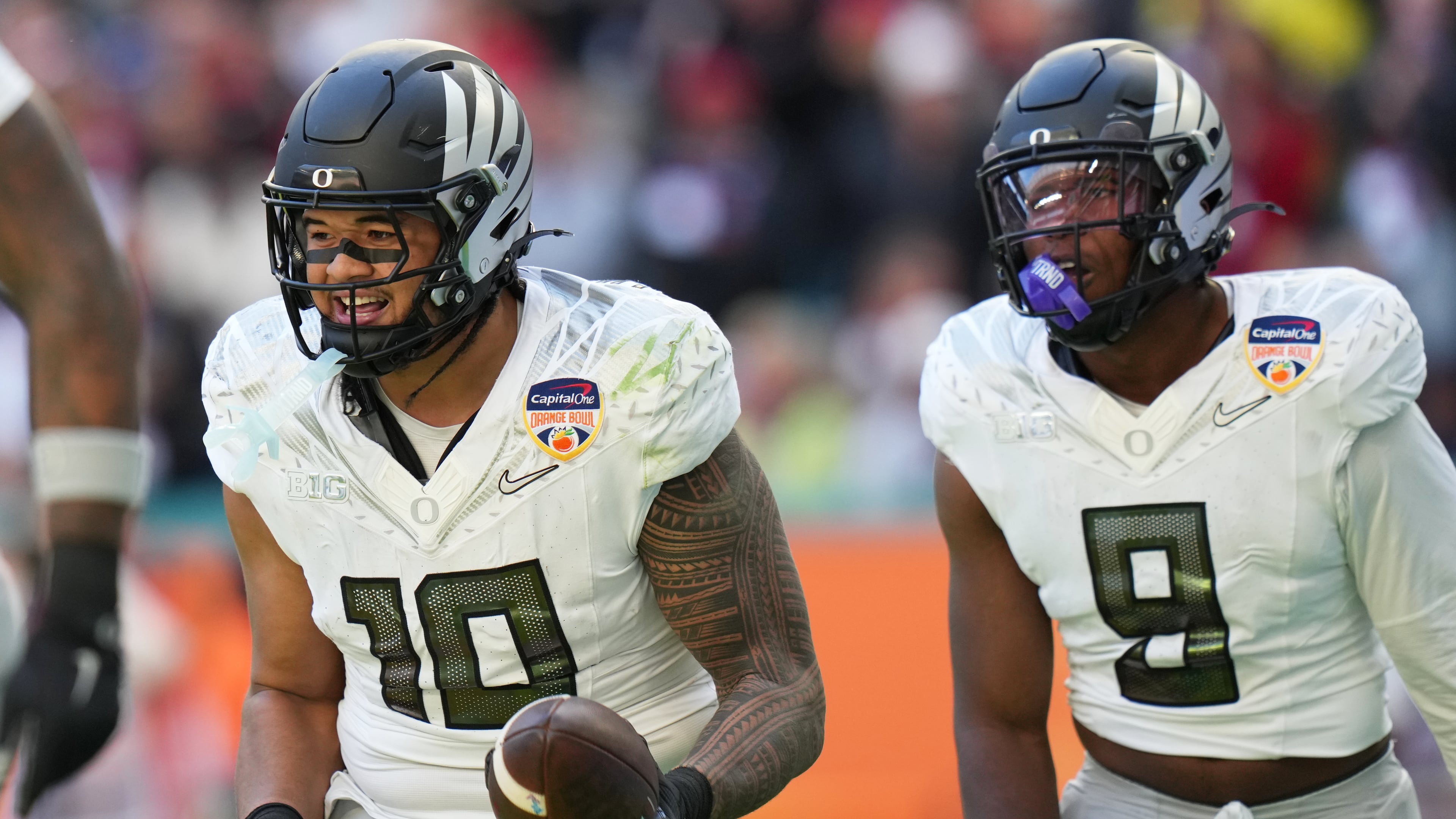 Oregon linebacker Matayo Uiagalelei (10) reacts after intercepting the football during the second half of the Orange Bowl College Football Playoff quarterfinal game against Texas Tech, Thursday, Jan. 1, 2026, in Miami Gardens, Fla. (AP Photo/Lynne Sladky)
