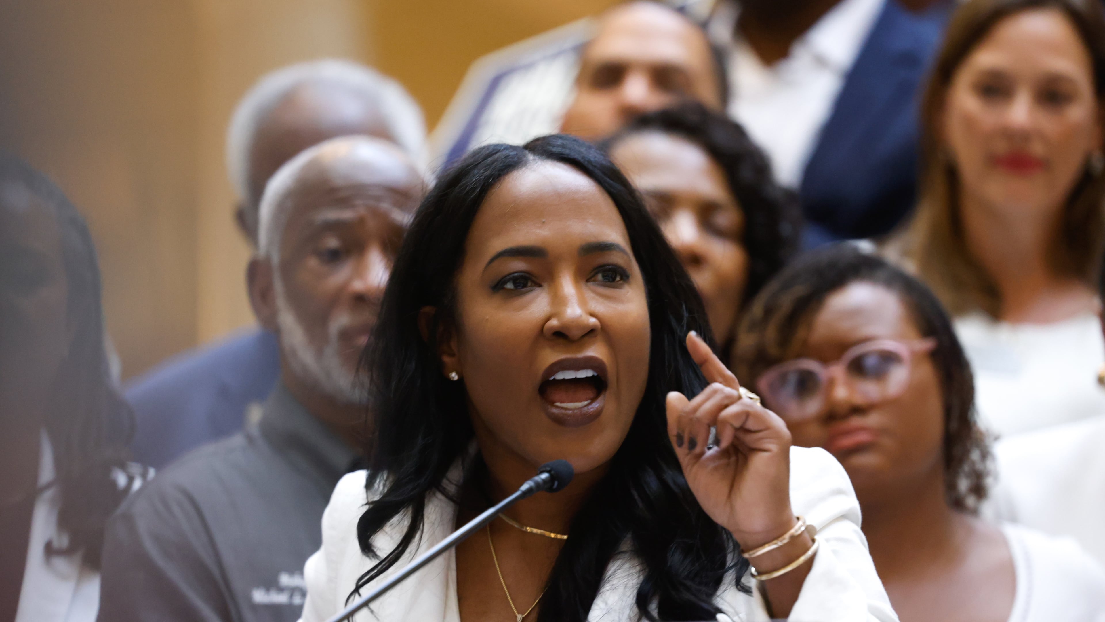 State Rep. Tanya Miller, D-Atlanta, who is running for attorney general, speaks at a press conference featuring House and Senate Democratic caucuses before the state legislature convenes for a special session in Atlanta on June 17, 2026. Georgia Republican leaders later announced that they wouldn’t redraw the state’s political maps during the session. (Arvin Temkar/AJC)