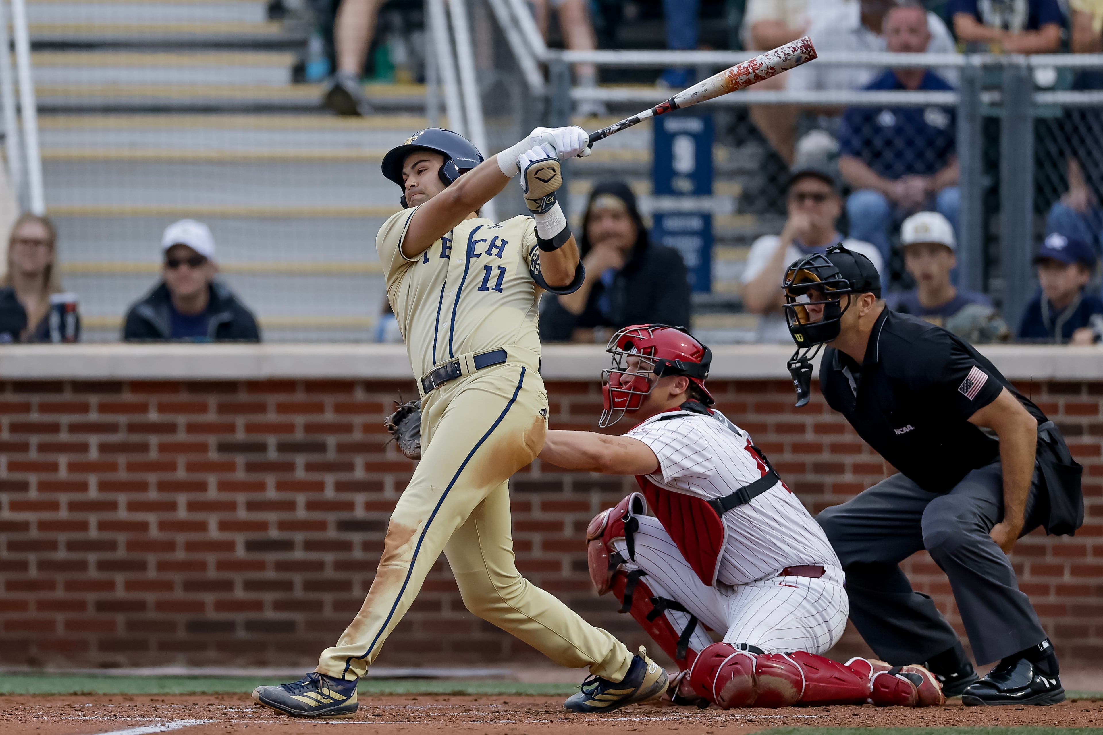 Georgia Tech's Ryan Zuckerman (11) hits a two RBI single against Oklahoma during the third inning of the Atlanta Regional game at Russ Chandler Stadium, Sunday, May 31, 2026, in Atlanta. Tech lost 15-8, setting up a rubber match with Oklahoma on Monday that will decide who advances. (Erik S. Lesser for the AJC)