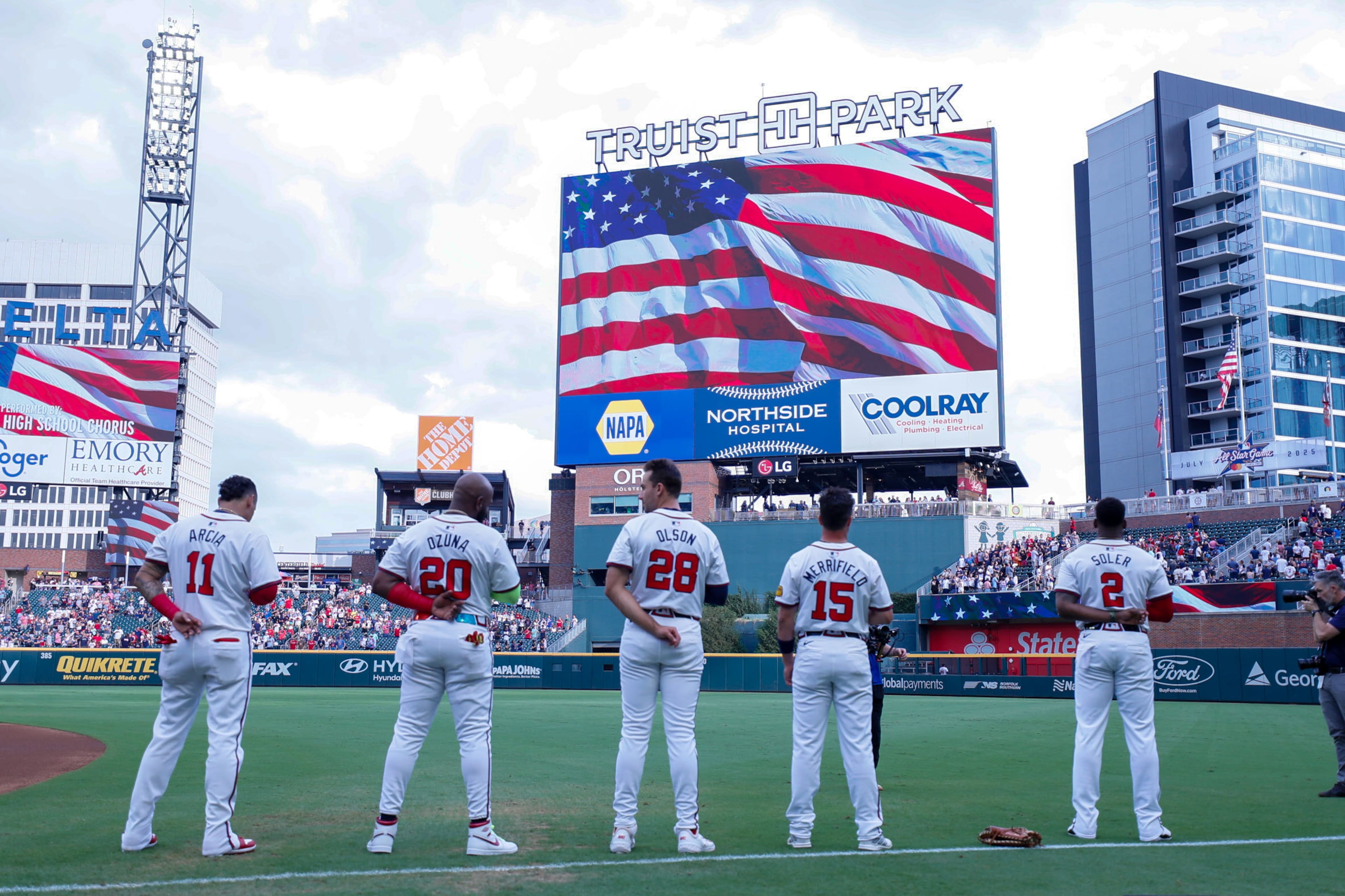 Atlanta Braves players stand during the National Anthem before the game against the Miami Marlins at Truist Park on Thursday, August 1, 2024, in Atlanta.Â
(Miguel Martinez/ AJC)