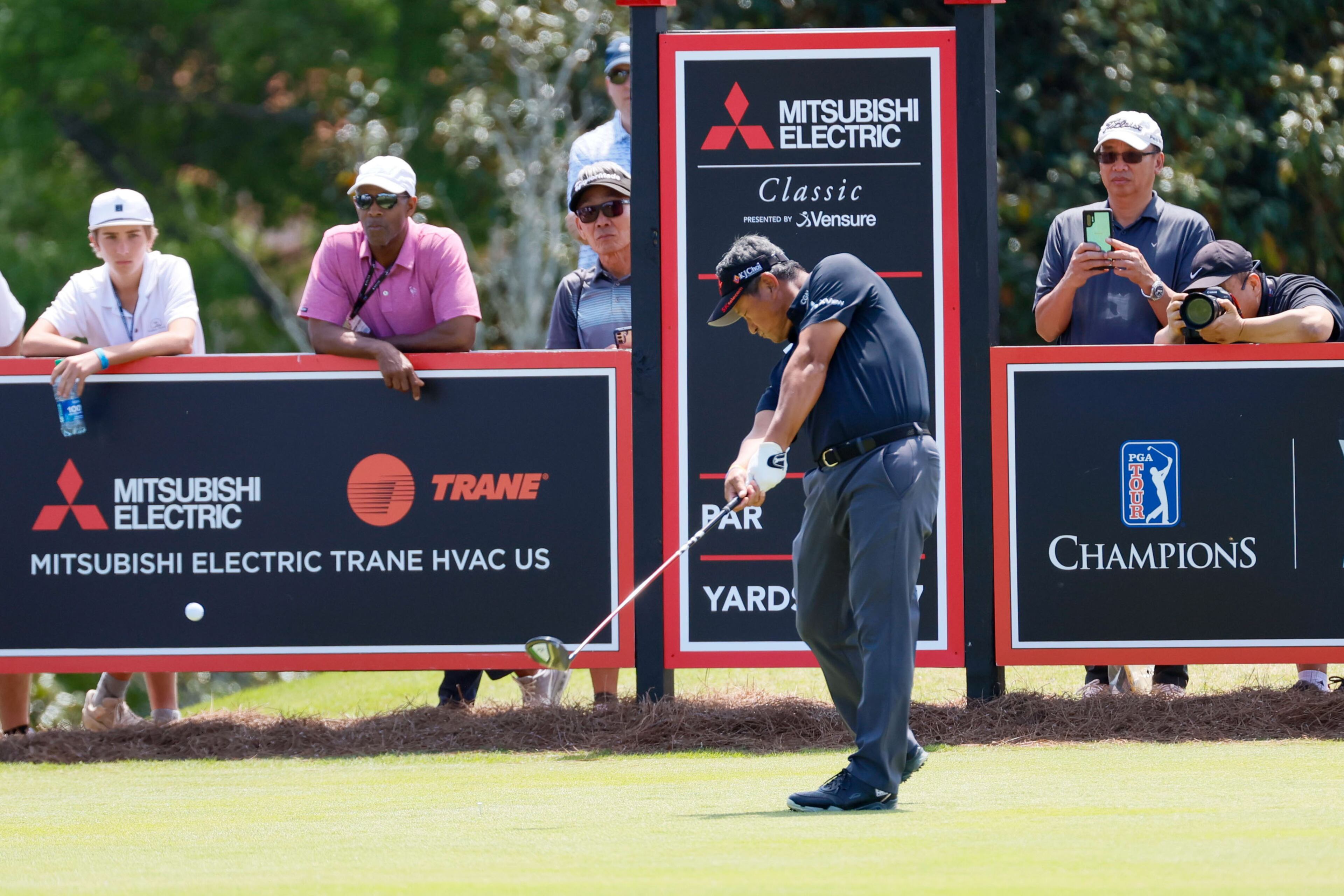 Y.E. Yang tees off on the first hole during the final round of the Mitsubishi Classic senior golf tournament at TPC Sugarloaf, Sunday, April 28, 2024, in Duluth, Ga.
(Miguel Martinez / AJC)