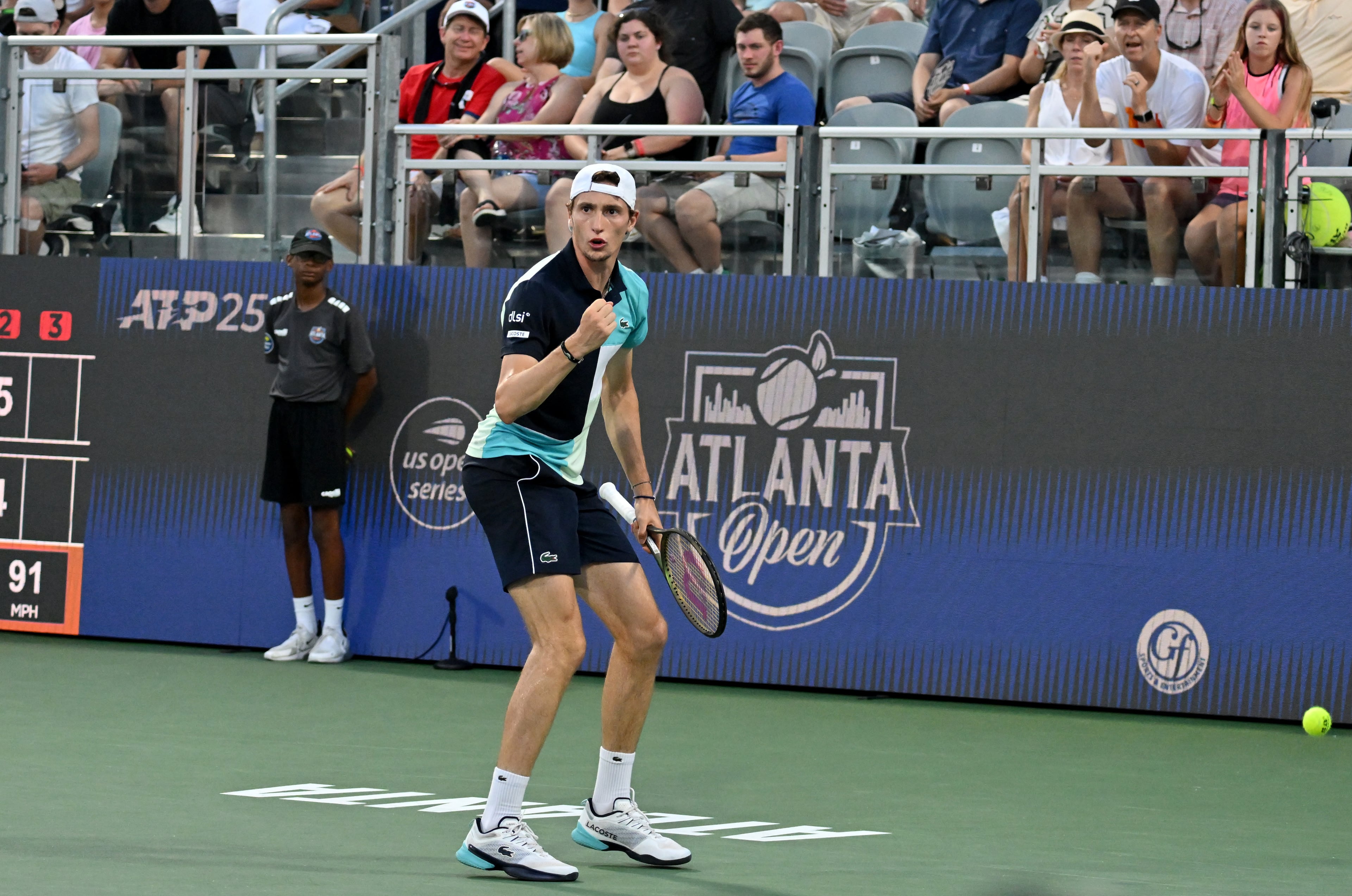 Ugo Humbert reacts after a play against Aleksandar Vukic during a semifinal match at the 2023 Atlanta Tennis Open at Atlantic Station, Saturday, July 29, 2023, in Atlanta. (Hyosub Shin / Hyosub.Shin@ajc.com)
