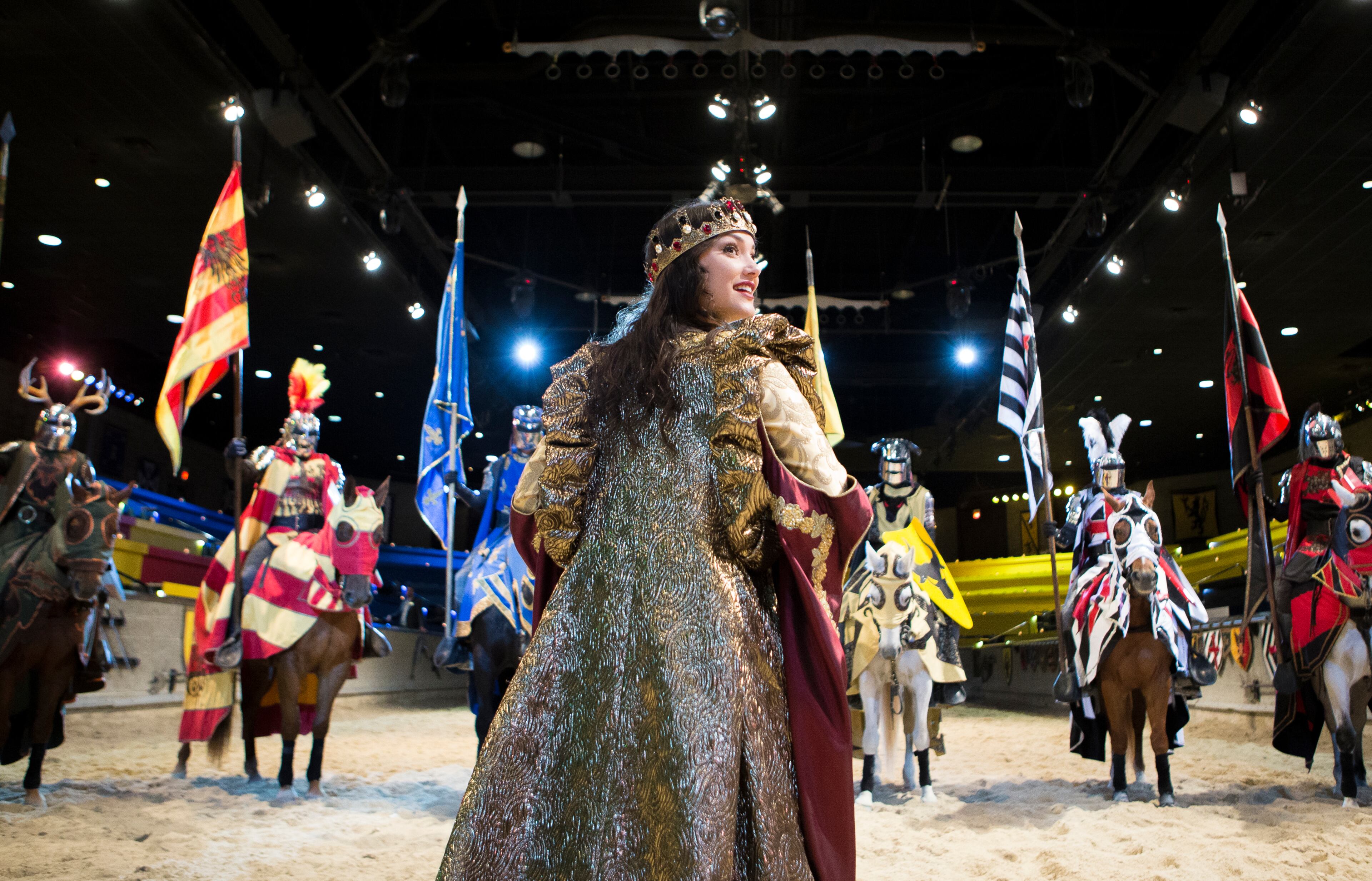 11-9-18 - Lawrenceville, GA - Ashlyn Süpper, 20, who plays Queen Doña Maria Isabella, looks back during a mock performance hours before the new show's opening night at Medieval Times Dinner & Tournament at Sugarloaf Mills in Lawrenceville, Ga., on Friday, Nov. 9, 2018. For the first time in its nearly 35 year history, the show is introducing a queen into its performance. Süpper has worked at the Lawrenceville Medieval Times for three years and is one of four queen actresses at the castle. (Casey Sykes for The Atlanta Journal-Constitution)