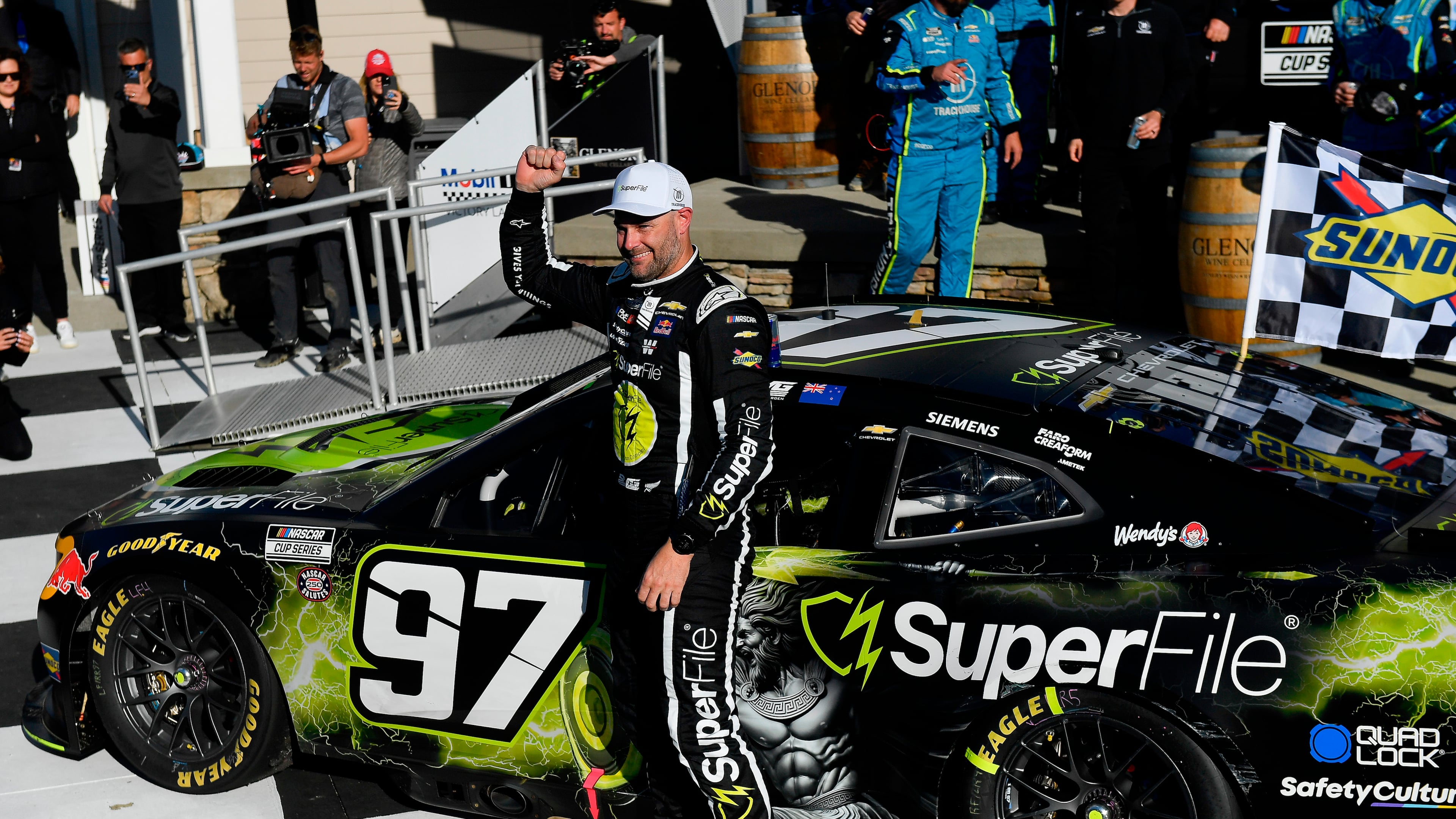 Shane Van Gisbergen celebrates after winning a NASCAR Cup Series auto race, Sunday, May 10, 2026, in Watkins Glen, N.Y. (Photo/Adrian Kraus)