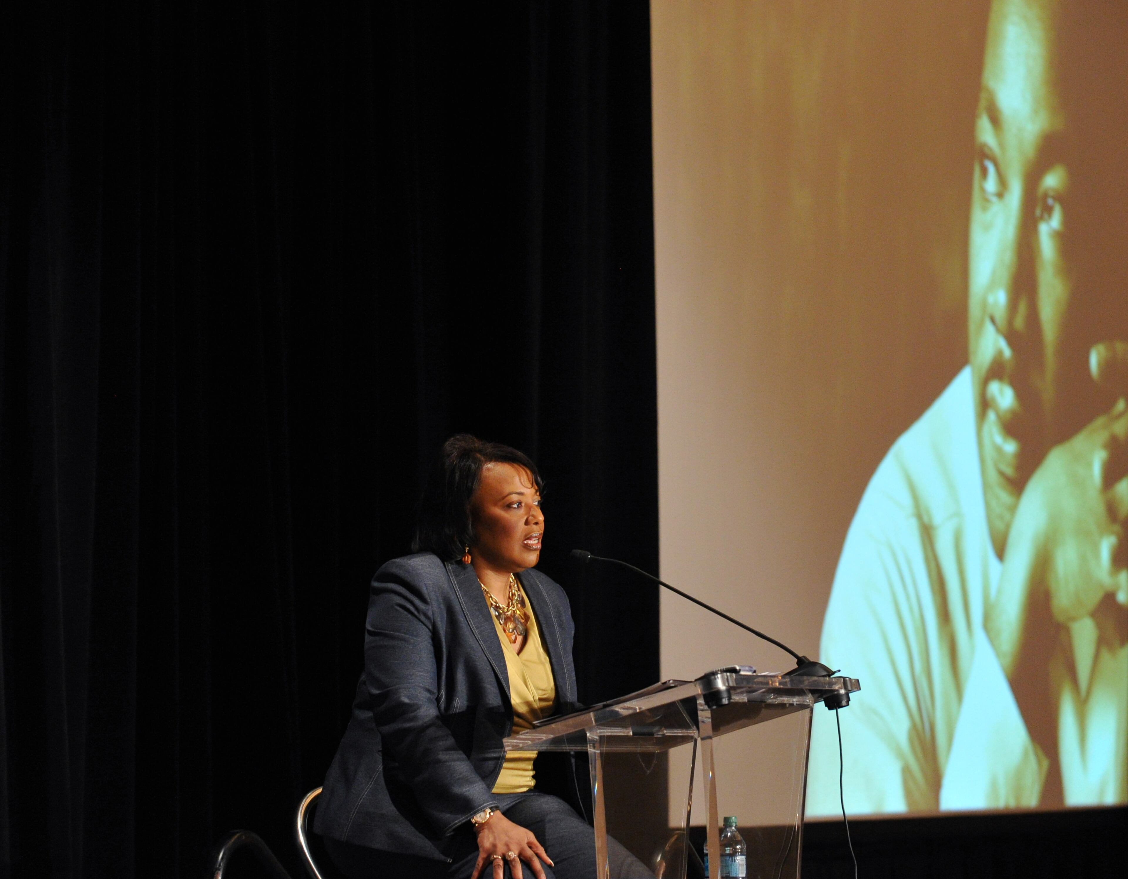 Dr. Bernice King, the daughter of Martin Luther King, participates in the Global Purpose Summit on Tuesday, March 4, 2014, in Atlanta. Arun Gandhi, the grandson of Mahatma Gandhi, also addressed the conference to advocate the power of purpose to inform and inspire through open dialogue and leadership. David Tulis / AJC Special