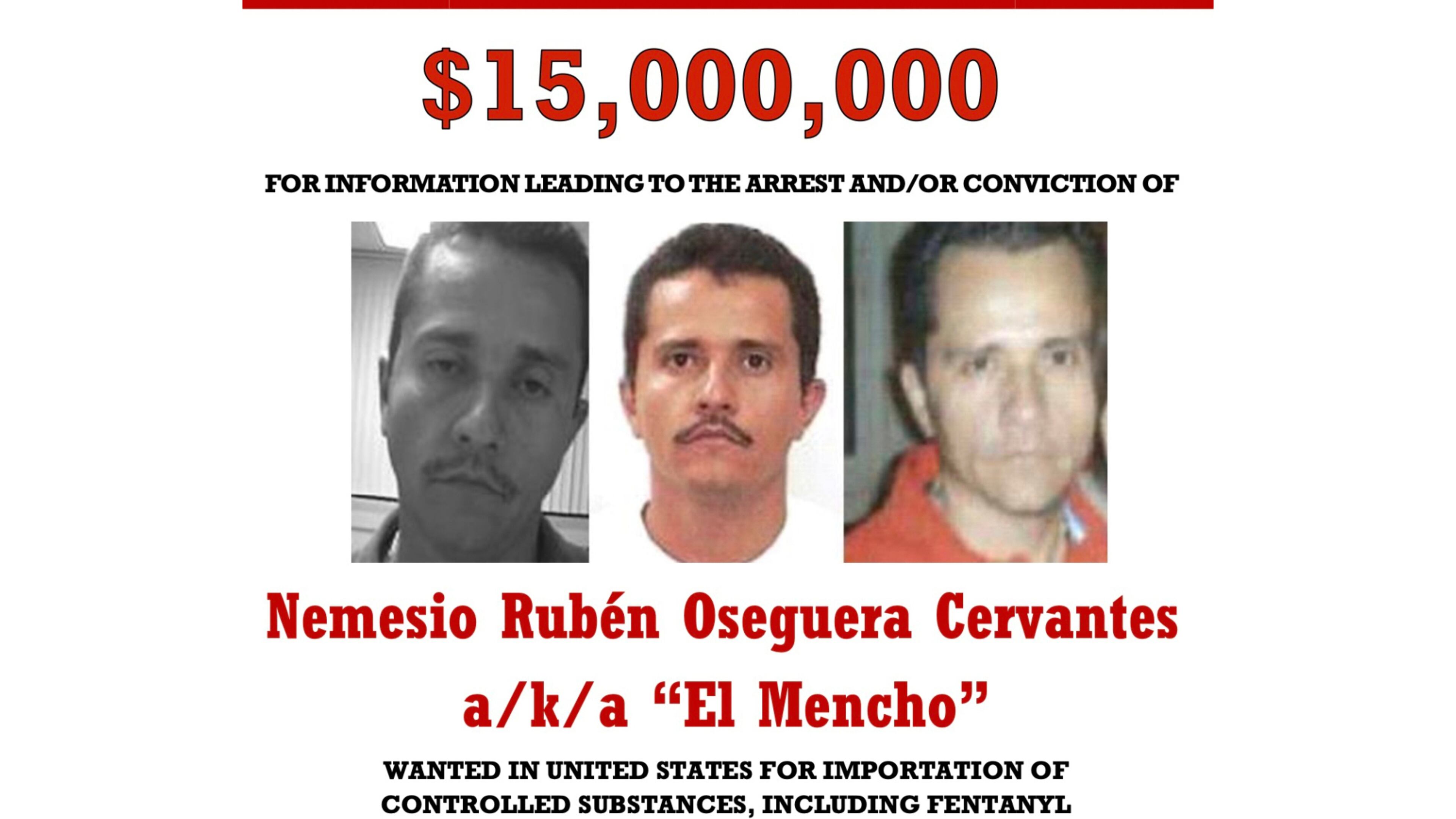 This wanted poster released on Dec. 4, 2024 on the U.S. State Department website shows leader of the Jalisco New Generation Cartel, Nemesio Rubén Oseguera Cervantes, known as “El Mencho.” (U.S. State Department via AP)