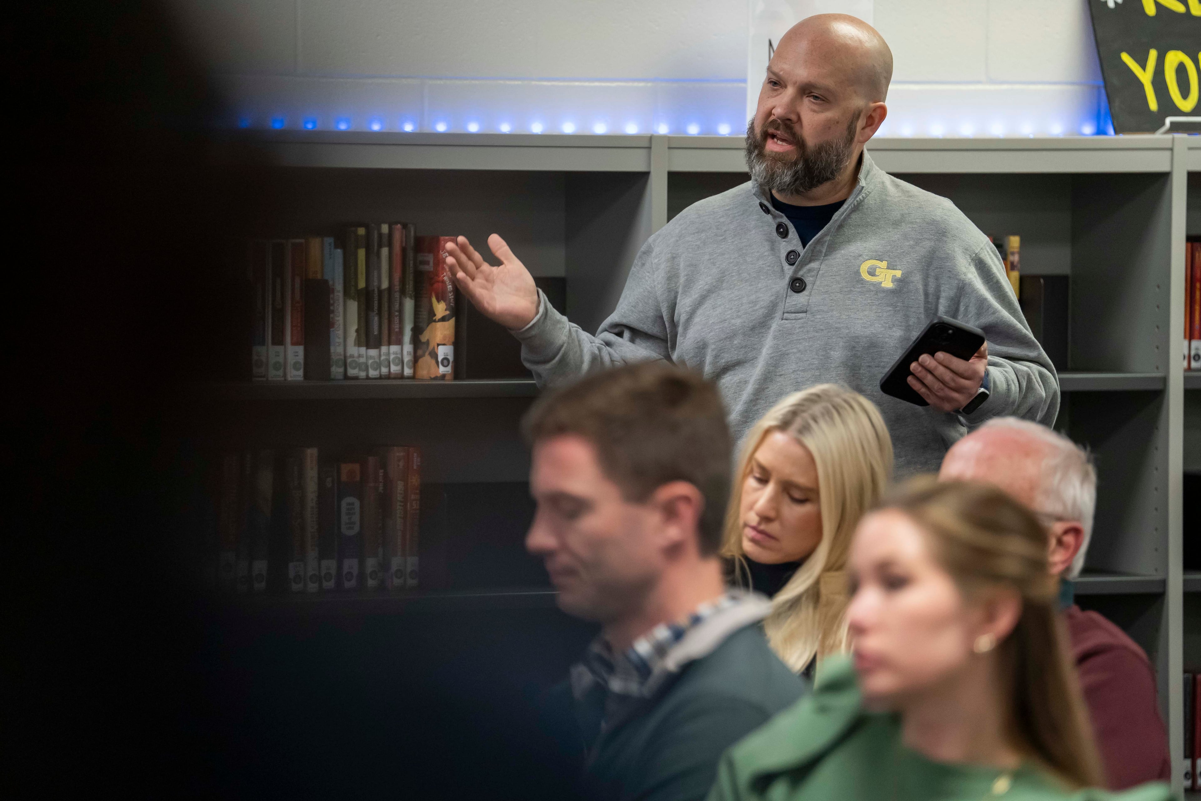 Parents react and ask questions during an informational meeting about the Gwinnett County school system's decision to enforce redshirting rules, which would require students who are 5 by Sept. 1 to attend kindergarten instead of letting parents hold them back a year, at Simpson Elementary on Wednesday, Jan. 21, 2026. (Olivia Bowdoin for the AJC)