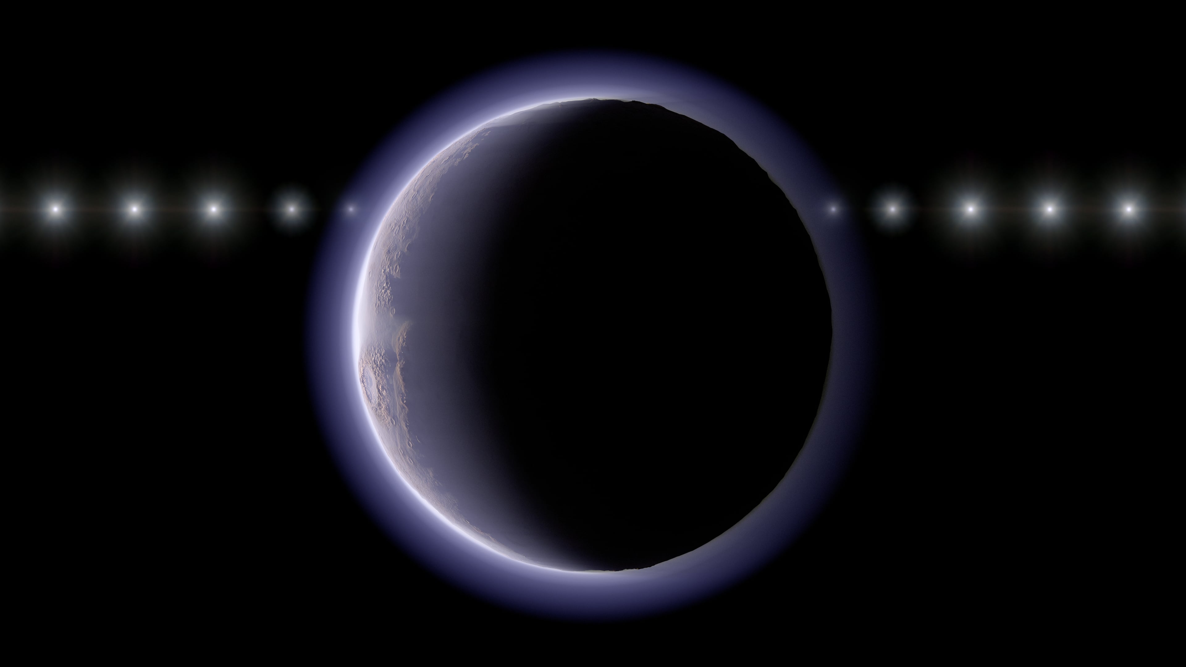 This image provided by NAOJ shows artist’s impression of the trans-Neptunian object (612533) 2002 XV93 occulting a background star. Observations of a stellar occultation in January 2024 revealed gradual fading and recovery of the starlight, providing evidence for a very thin atmosphere around the object. (Ko Arimatsu/NAOJ via AP)