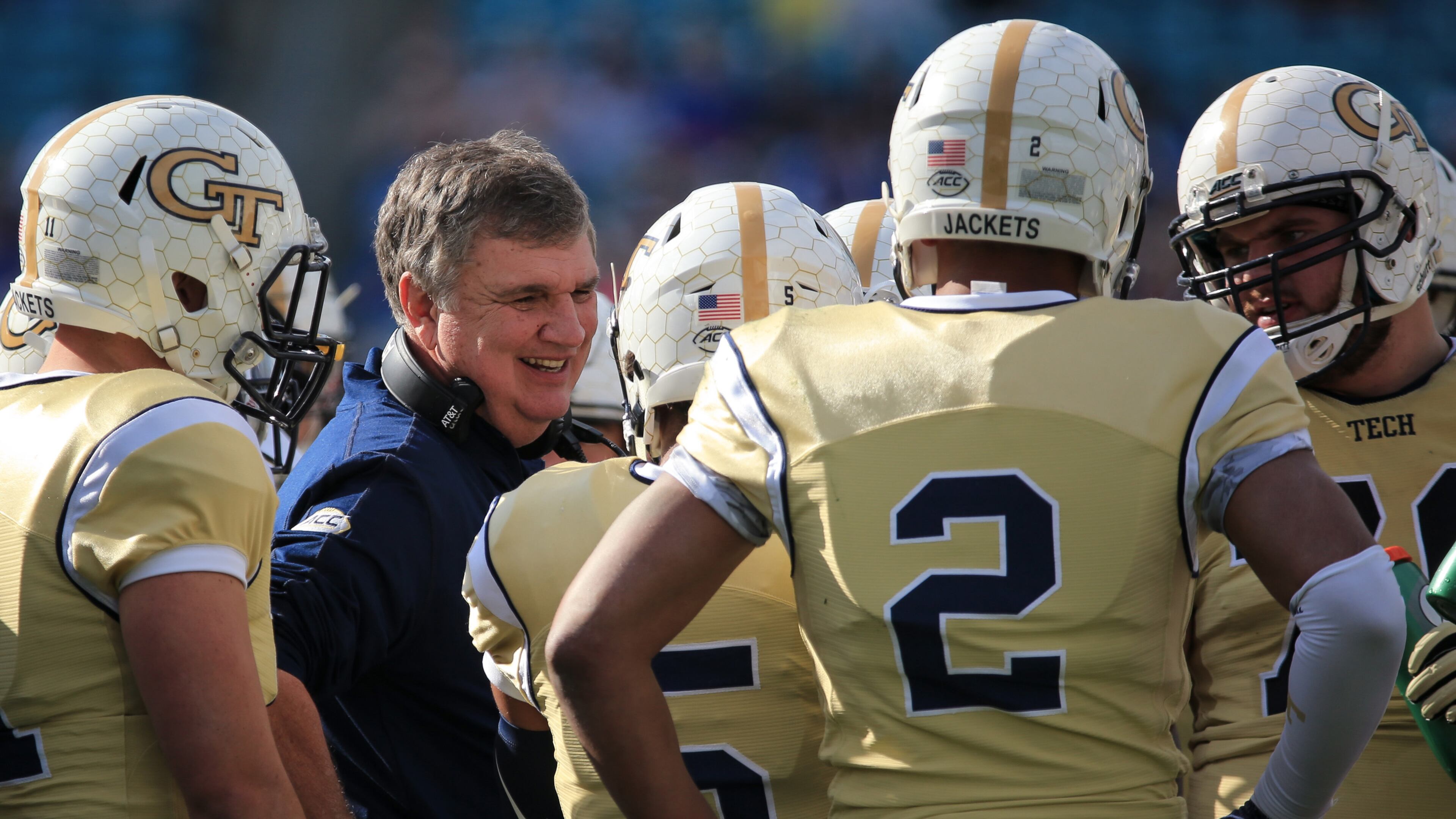 JACKSONVILLE, FL - DECEMBER 31: Head coach Paul Johnson of the Georgia Tech Yellow Jackets smiles during the first half of the game against the Kentucky Wildcats at EverBank Field on December 31, 2016 in Jacksonville, Florida. (Photo by Rob Foldy/Getty Images)