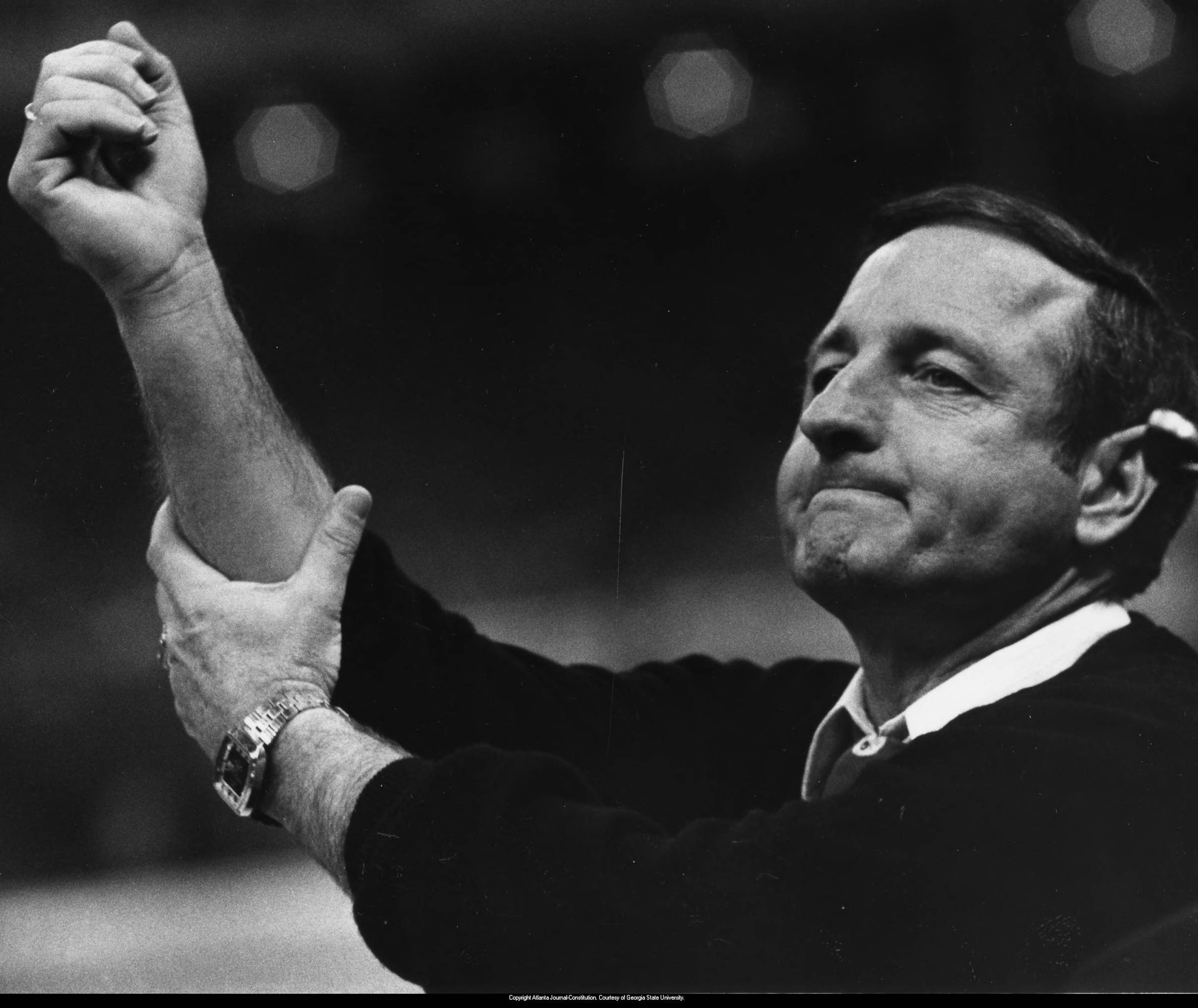 Georgia coach Vince Dooley rolls up his sleeves as the Bulldogs' Sugar Bowl battle with Notre Dame grew intense. The Bulldogs prevailed 17-10 over the Fighting Irish to win the 1980 national championship on Jan. 1, 1981. Calvin Cruce / Archive Image