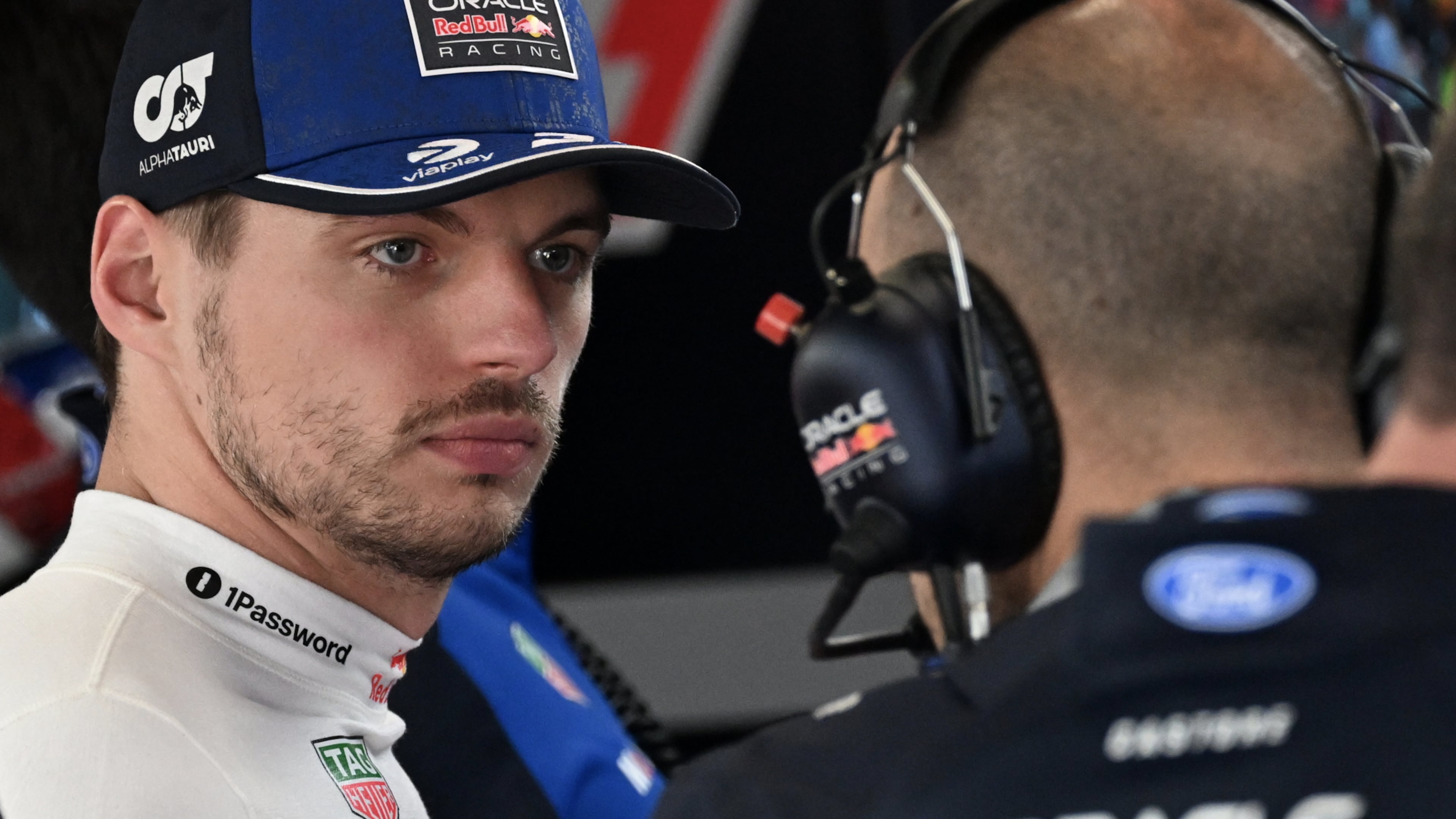Red Bull driver Max Verstappen of the Netherlands, left, prepares for the qualifying session ahead of the British F1 Grand Prix, in Silverstone, England, Saturday, July 4, 2026. (Peter Powell/Pool via AP)