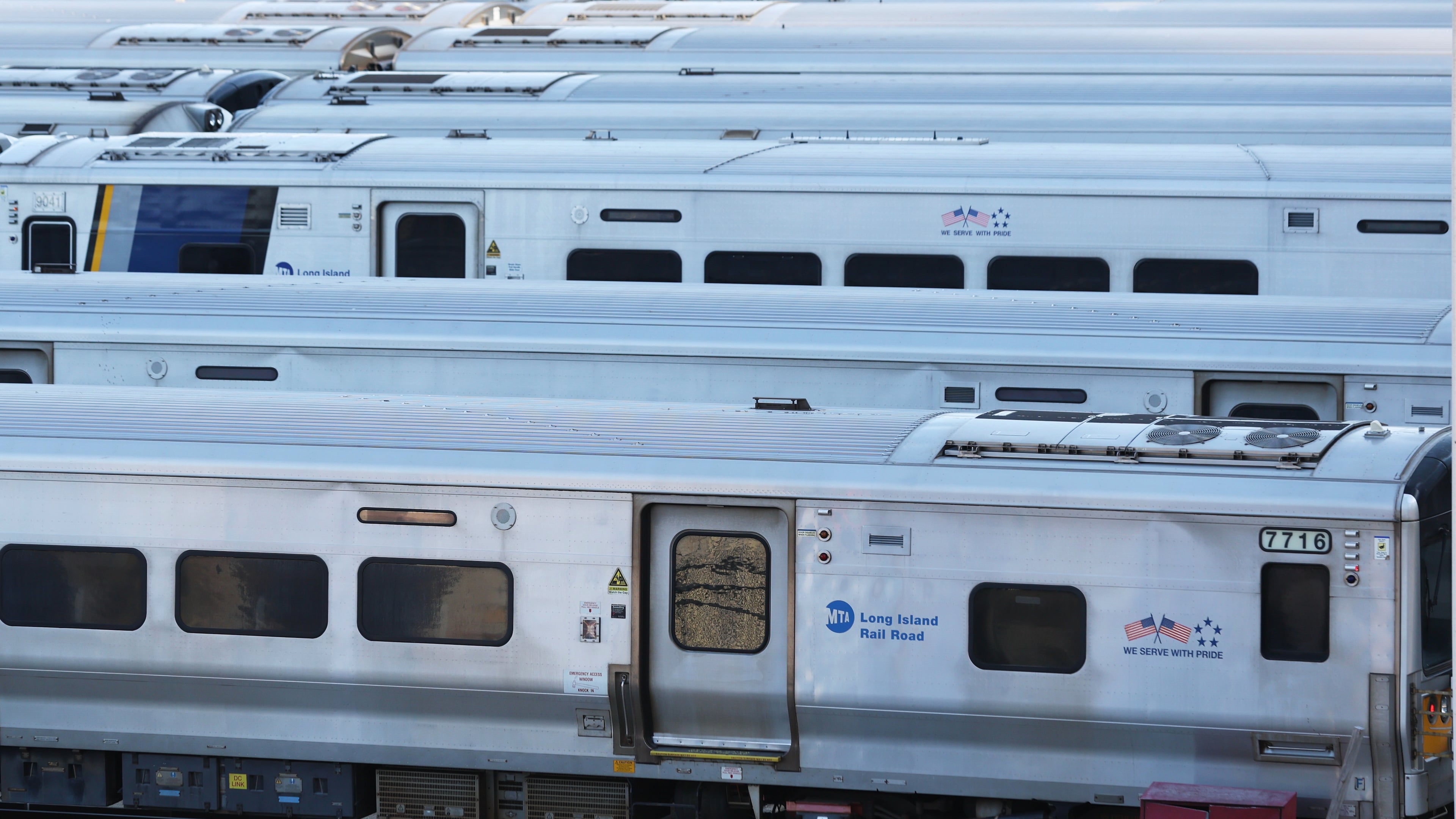 Long Island Rail Road trains sit in the West Side Yard on the first day of a strike, Saturday, May 16, 2026, in New York. (AP Photo/Heather Khalifa)