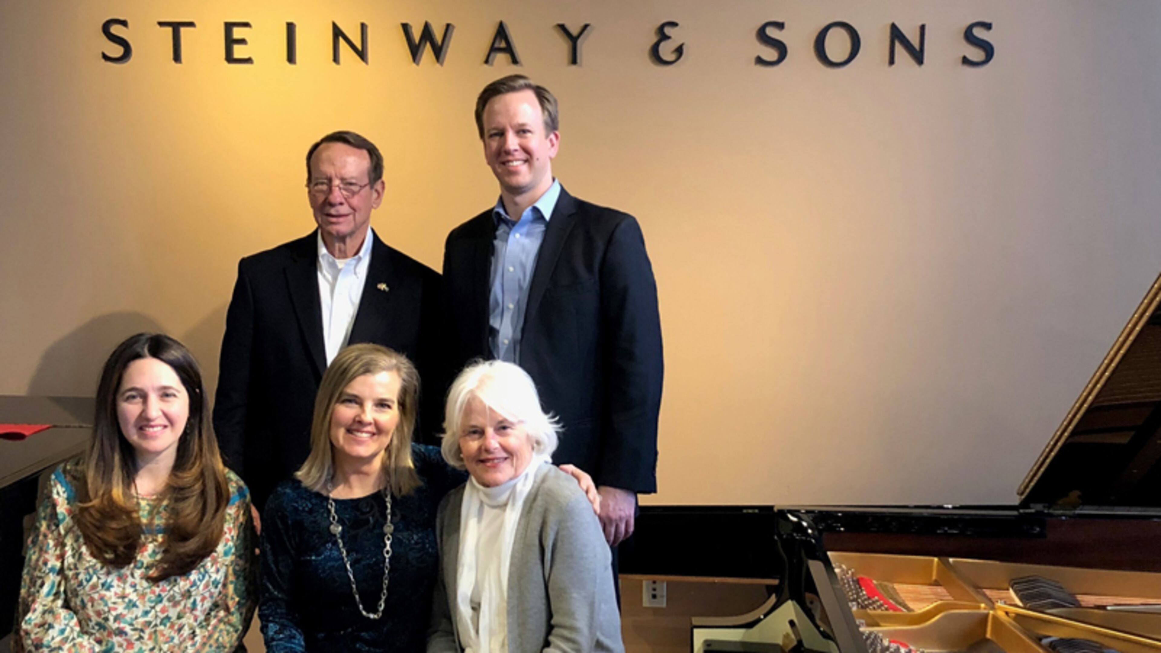 A group from Sandy Springs traveled to the Steinway & Sons factory in Queens, New York, to select a piano for the city’s new Performing Arts Center. Seated (from left) are Simone Dinnerstein, Susie Hines and Sarah McKenney, and standing (from left) are David McKenney and David Daly, director of programming at the Sandy Springs Performing Arts Center. PHOTO: Ike Van Meter/Steinway.