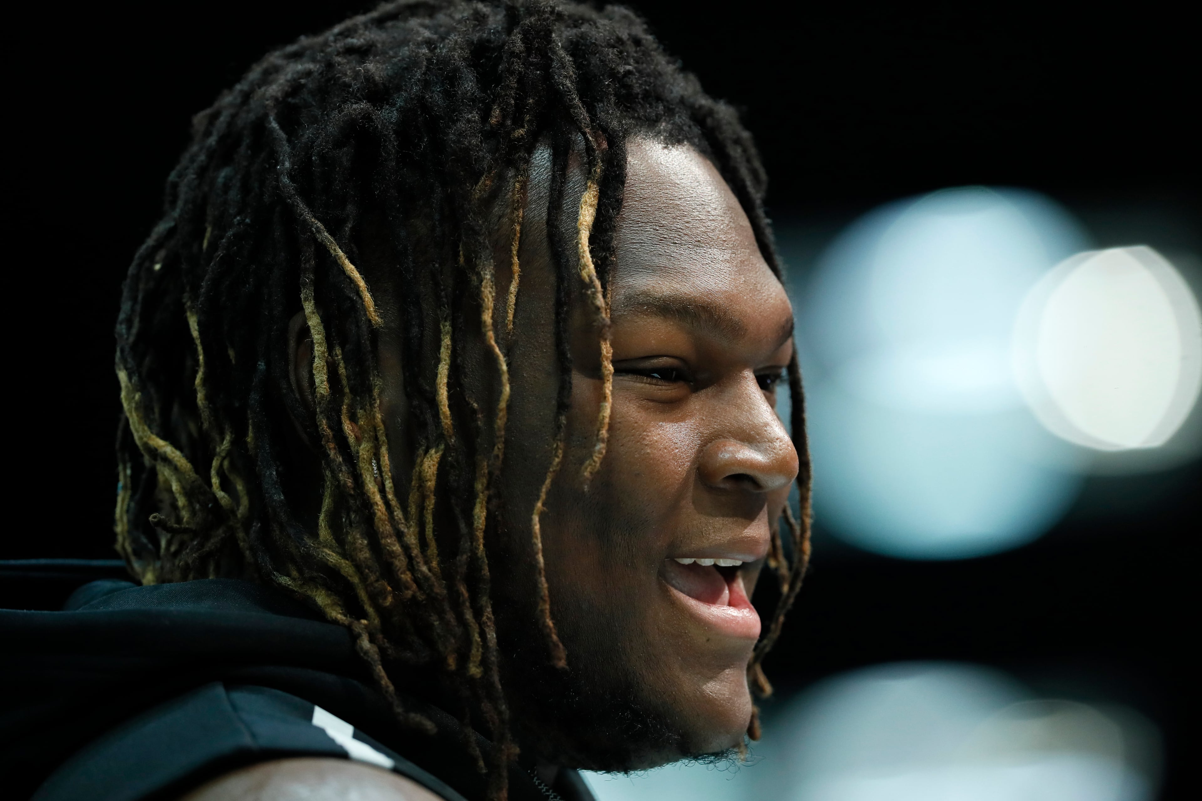 Georgia offensive lineman Isaiah Wilson speaks during a press conference at the NFL football scouting combine in Indianapolis, Wednesday, Feb. 26, 2020. (AP Photo/Charlie Neibergall)