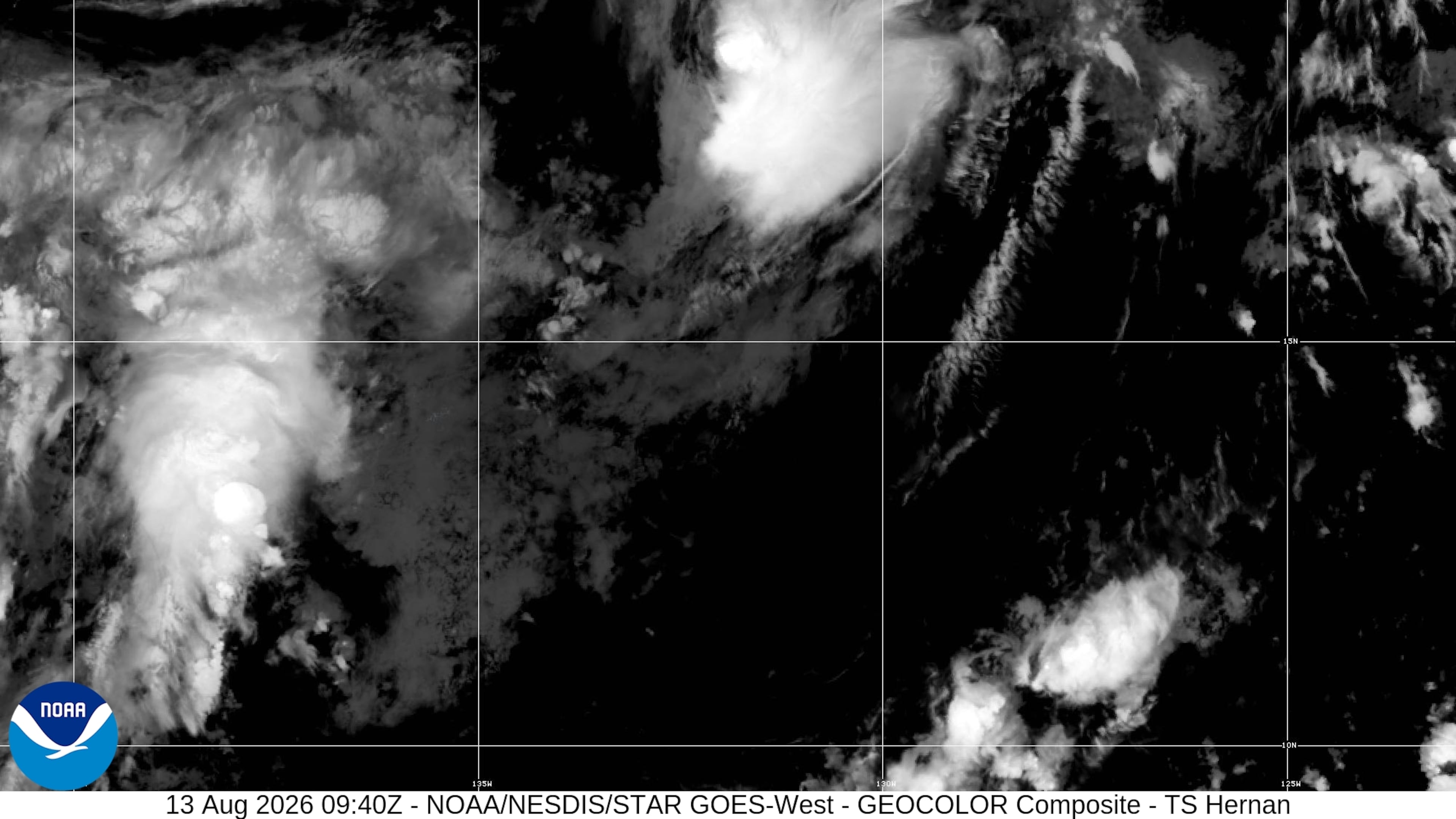 This NOAA satellite image shows a tropical depression becoming Tropical Storm Hernan over the East Pacific, Thursday, Aug. 13, 2026. (NOAA via AP)