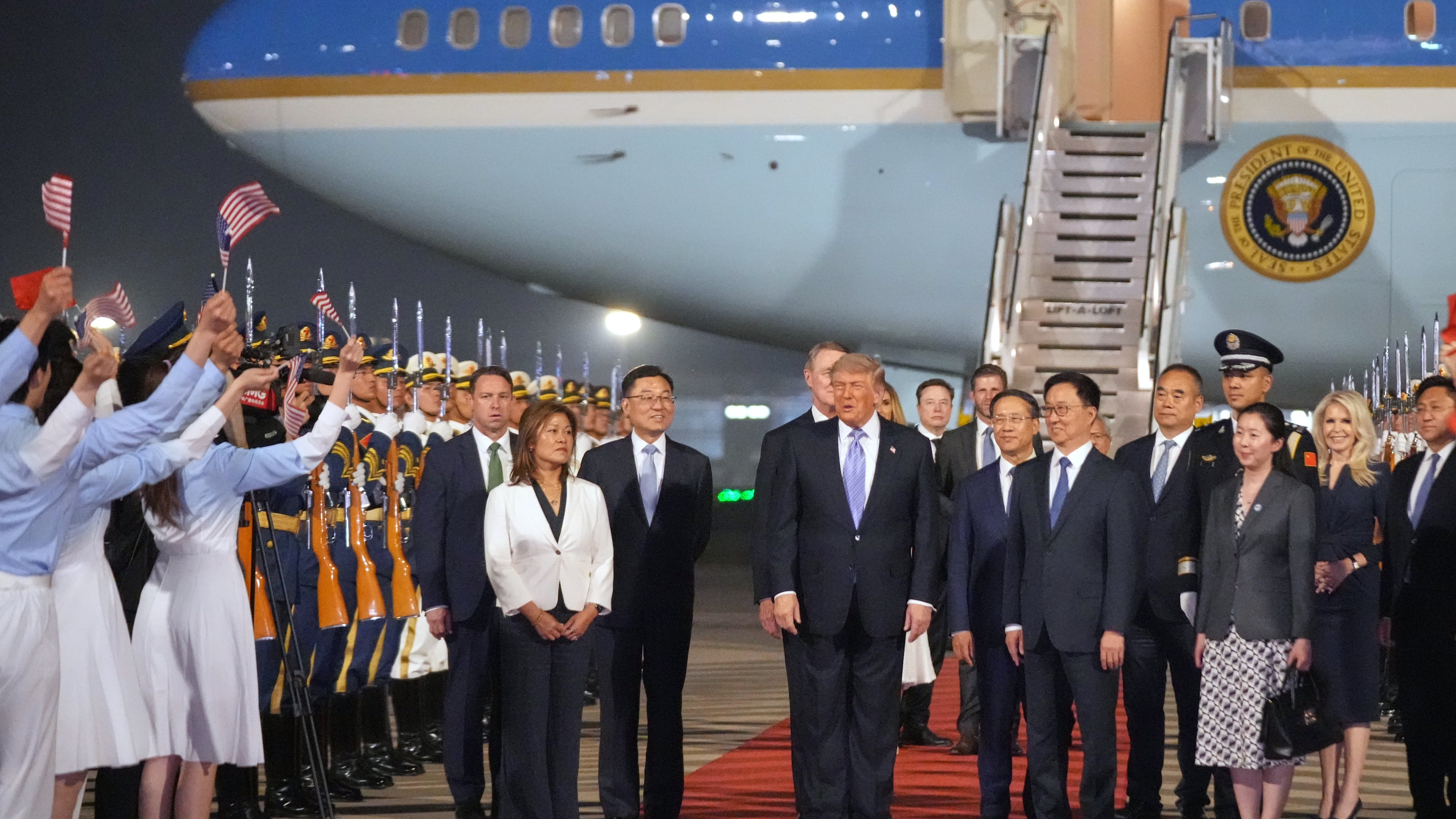 President Donald Trump arrives on Air Force One, Wednesday, May 13, 2026, at Beijing Capital International Airport in Beijing. (AP Photo/Mark Schiefelbein)