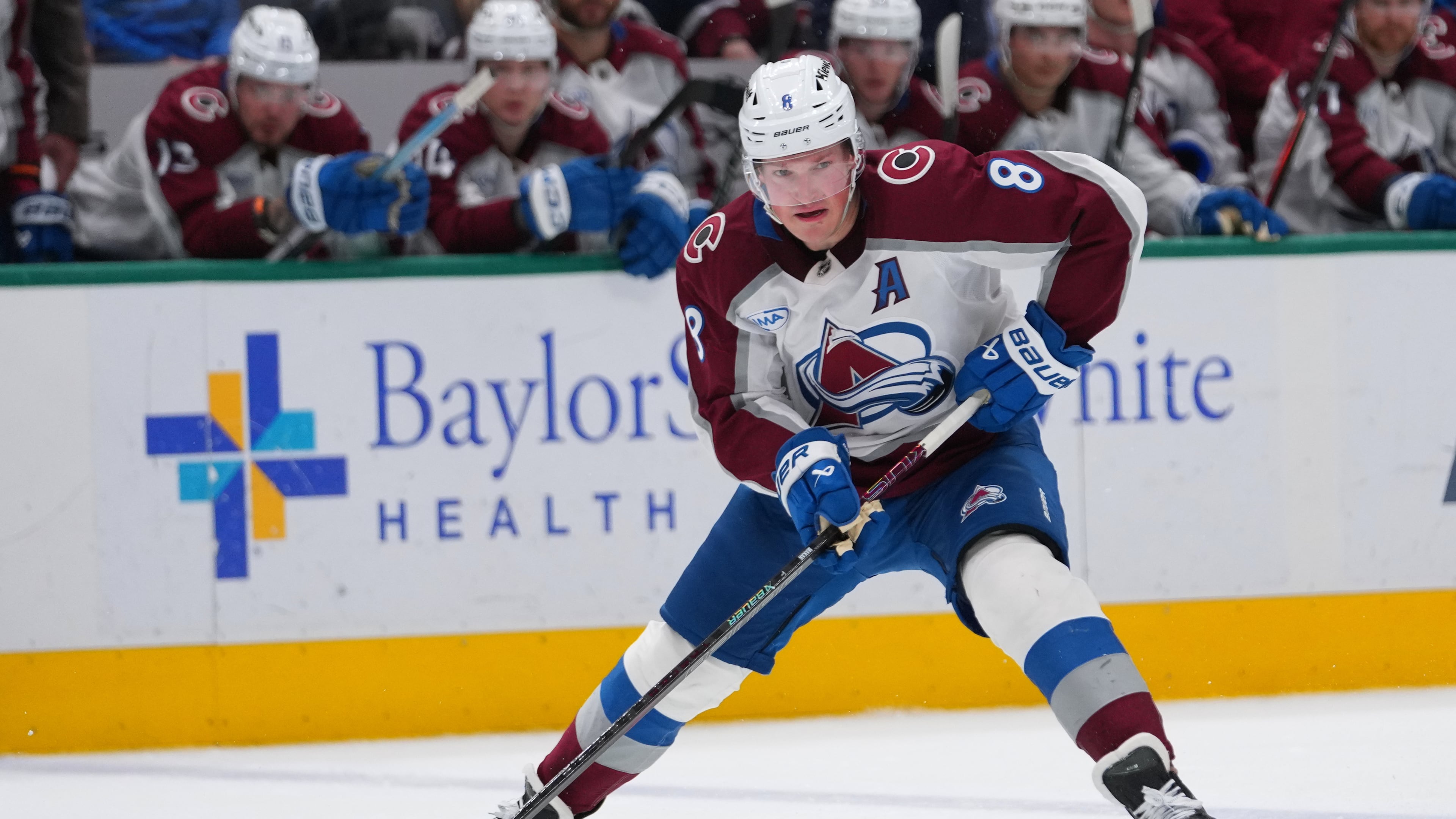FILE - Colorado Avalanche defenseman Cale Makar skates with the puck during the second period of an NHL hockey game against the Dallas Stars, March 6, 2026, in Dallas. (AP Photo/Julio Cortez, File)