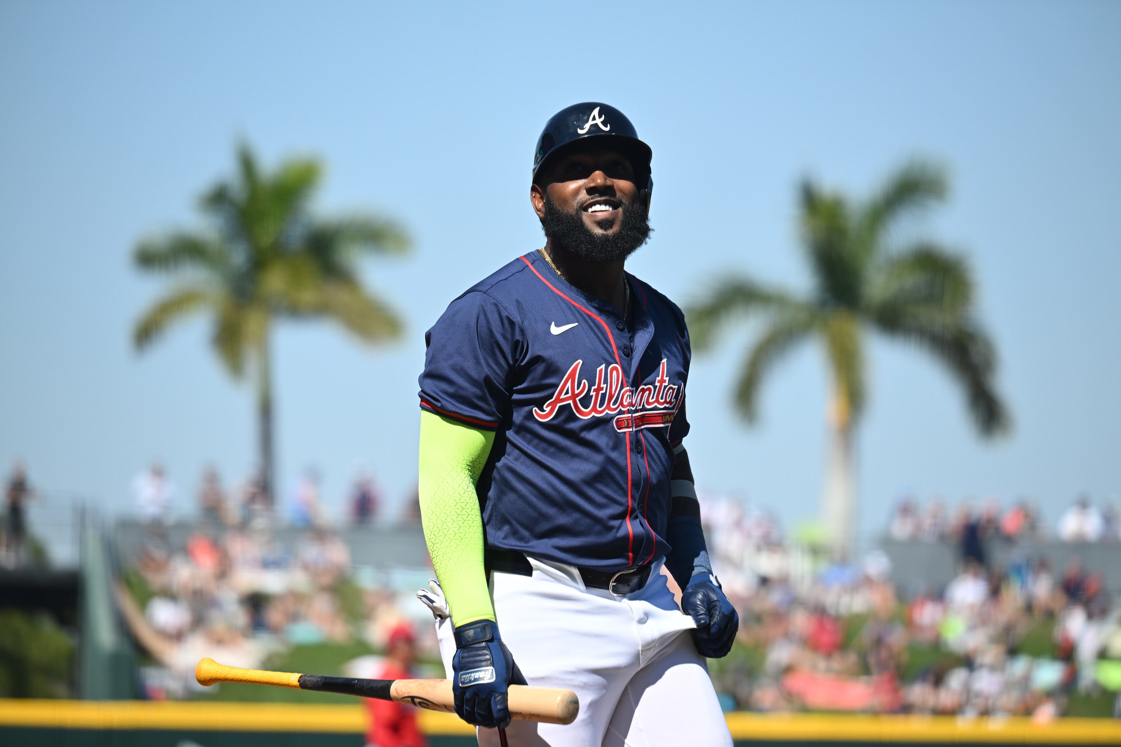 Atlanta Braves designated hitter Marcell Ozuna reacts after striking out during the second inning of the home opener spring training game against the Boston Red Sox at CoolToday Park, Sunday, Feb. 25, 2024, in North Port, Florida. (Hyosub Shin / Hyosub.Shin@ajc.com)