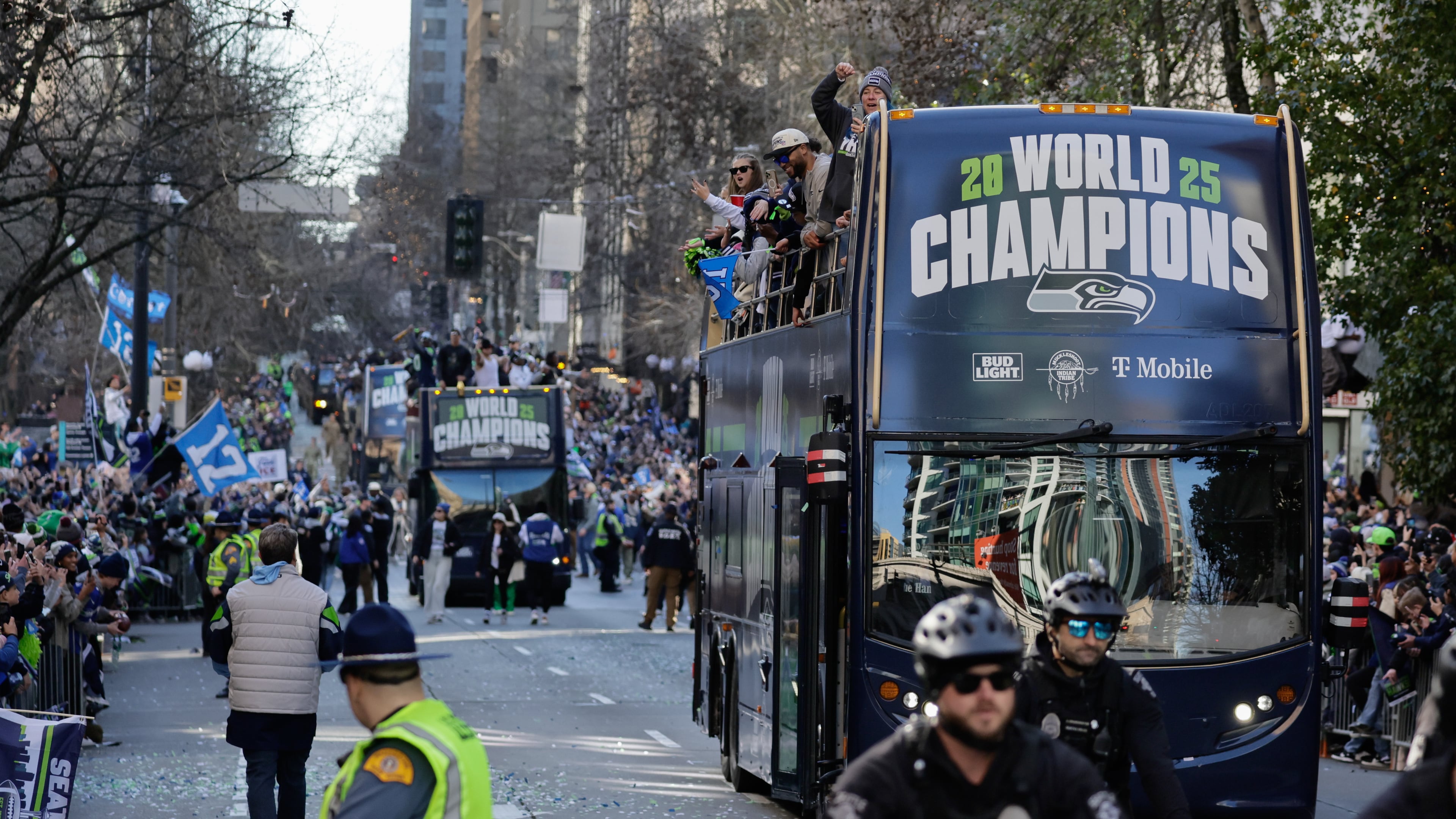 FILE - Seattle Seahawks players take part in the team's NFL football Super Bowl 60 parade and celebration, Wednesday, Feb. 11, 2026, in Seattle. (AP Photo/John Froschauer,File)