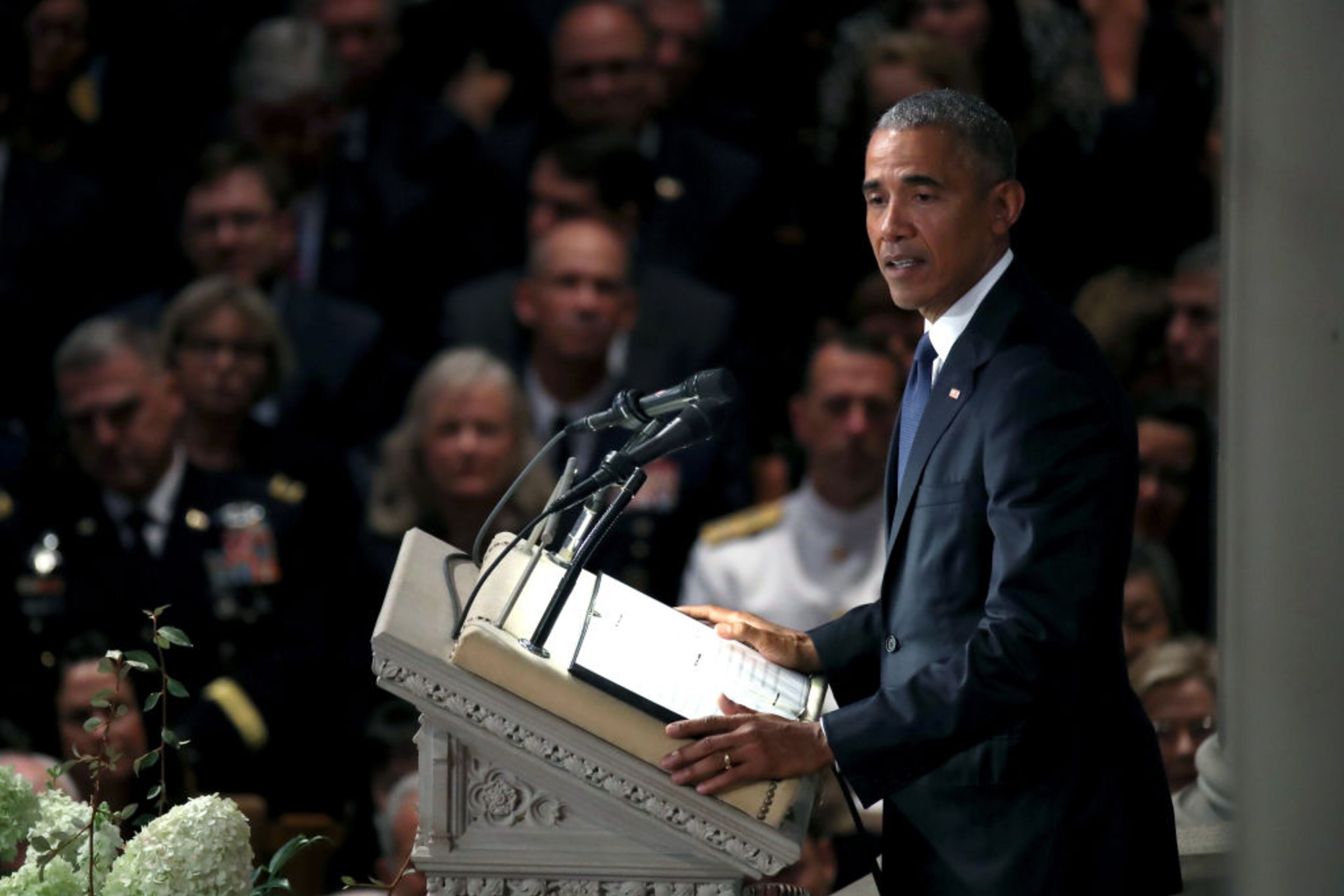 WASHINGTON, DC - SEPTEMBER 1: Former U.S. President Barack Obama speaks at the funeral service for U.S. Sen. John McCain at the National Cathedral on September 1, 2018 in Washington, DC. The late senator died August 25 at the age of 81 after a long battle with brain cancer. McCain will be buried at his final resting place at the U.S. Naval Academy. (Photo by Mark Wilson/Getty Images)