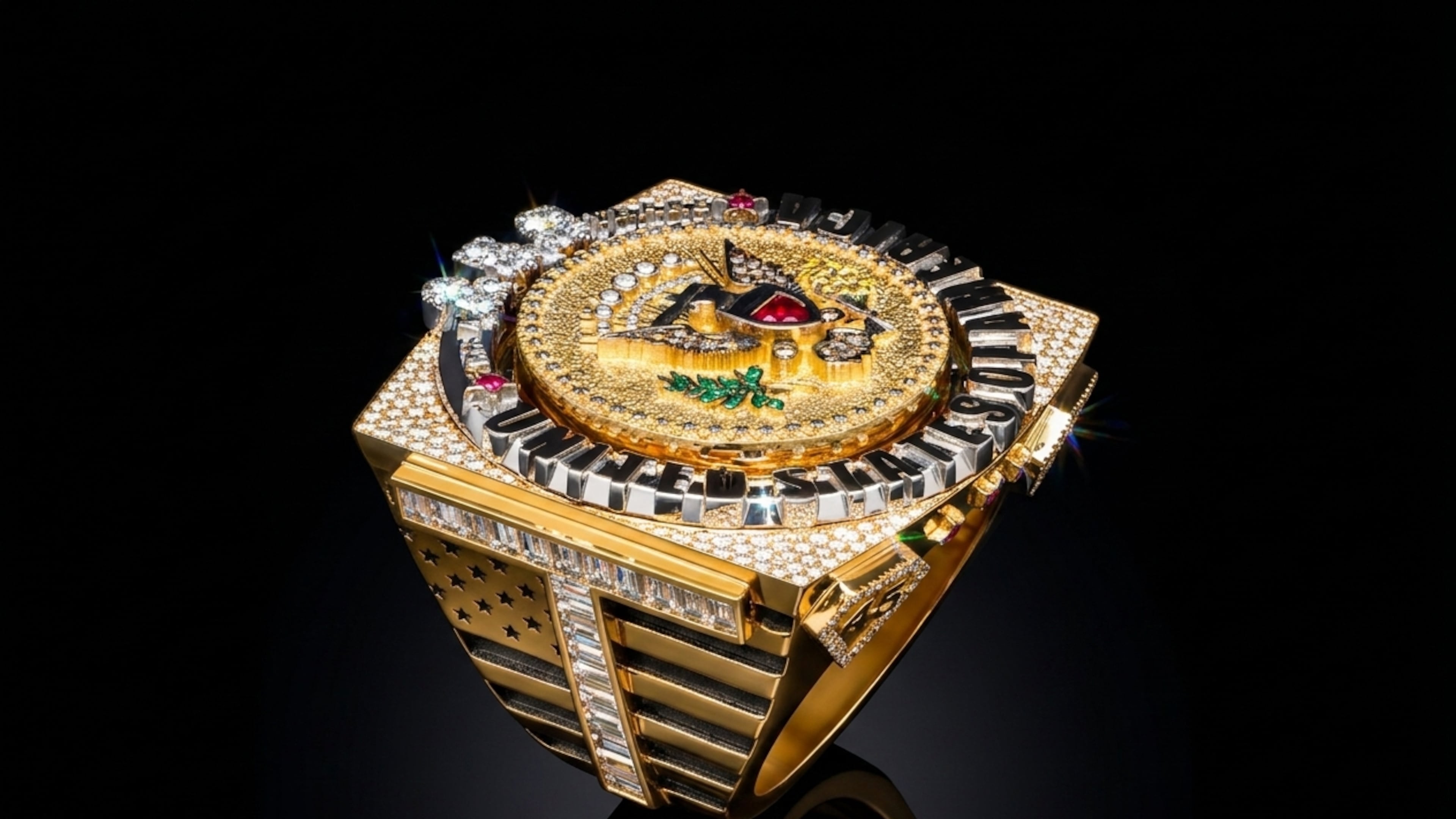 In this image released Tuesday, June 30, 2026, a ring designed for U.S. President Donald Trump and crafted by Antwerp diamond designer David Gotlib. (David Gotlib via AP)
