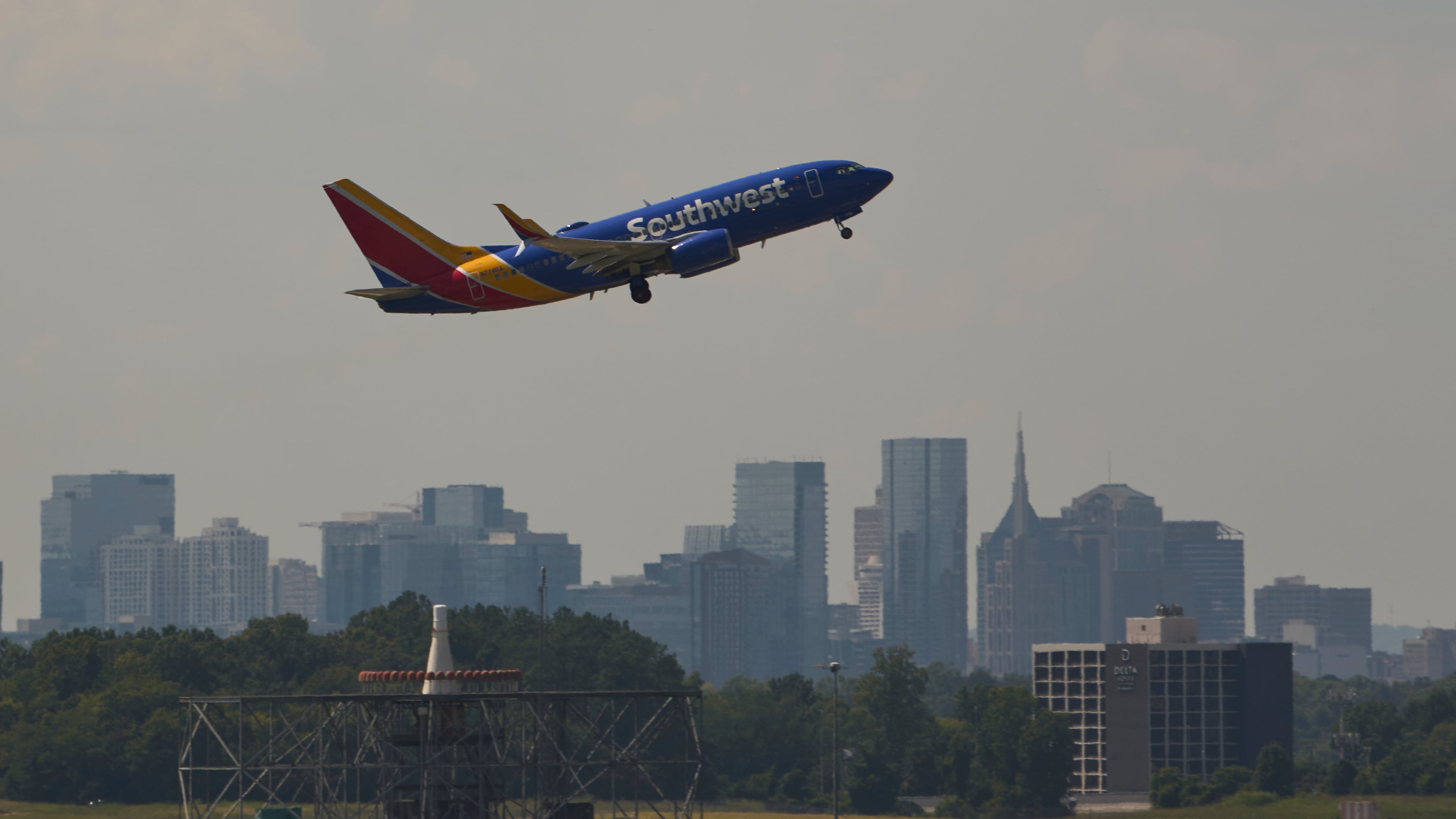 A Southwest jet takes off from the Nashville International Airport, Friday, Aug. 28, 2026, in Nashville, Tenn. (AP Photo/George Walker IV)