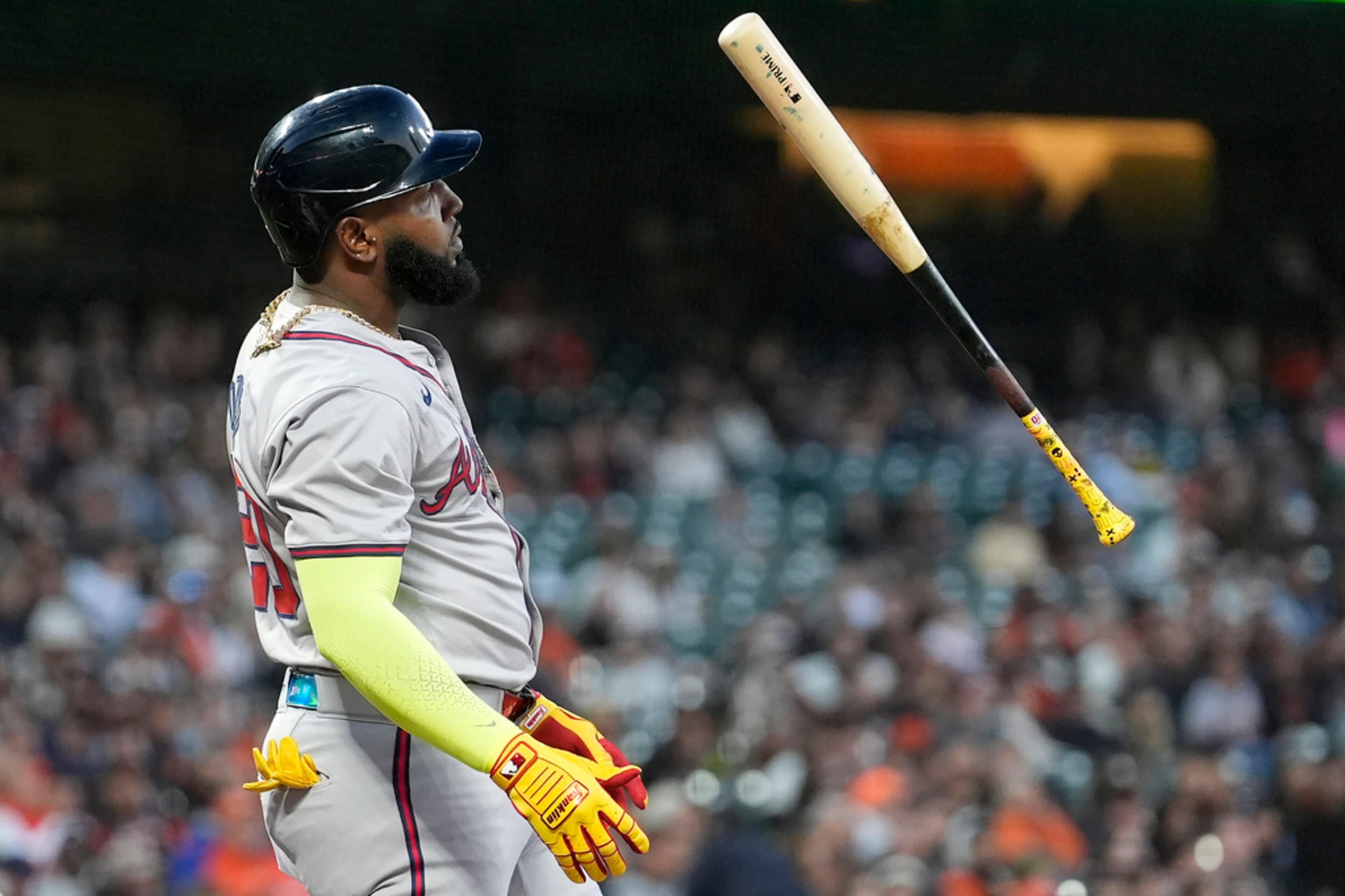 Atlanta Braves' Marcell Ozuna reacts after striking out against the San Francisco Giants during the fifth inning of a baseball game in San Francisco, Tuesday, Aug. 13, 2024. (AP Photo/Jeff Chiu)