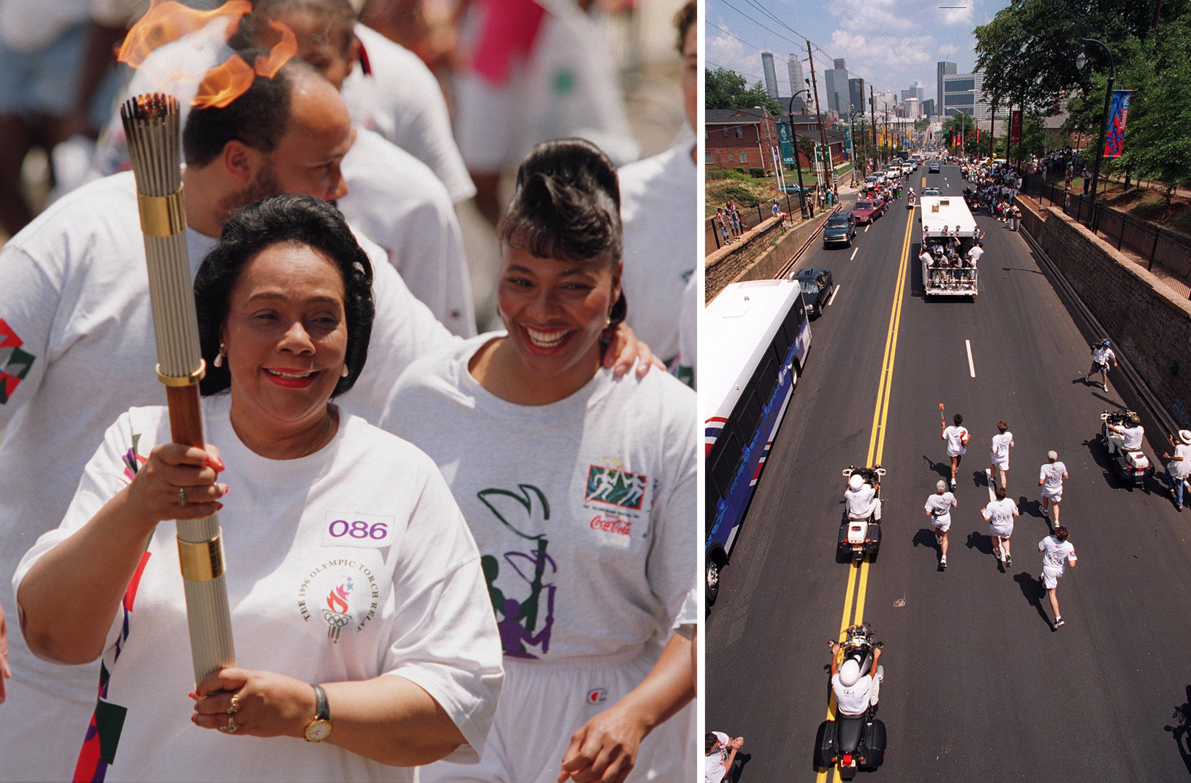 At left, Coretta Scott King carries the Olympic torch on Friday, July 19, 1996, prior to the 1996 Summer Olympic Games in Atlanta. At right on the same day, a torch runner travels under the Morris Brown College bridge, the same bridge that the coffin of Dr. Martin Luther King Jr. traveled under in 1968. (Greg Lovett/Palm Beach Post/Cox Newspapers; John Spink/AJC)