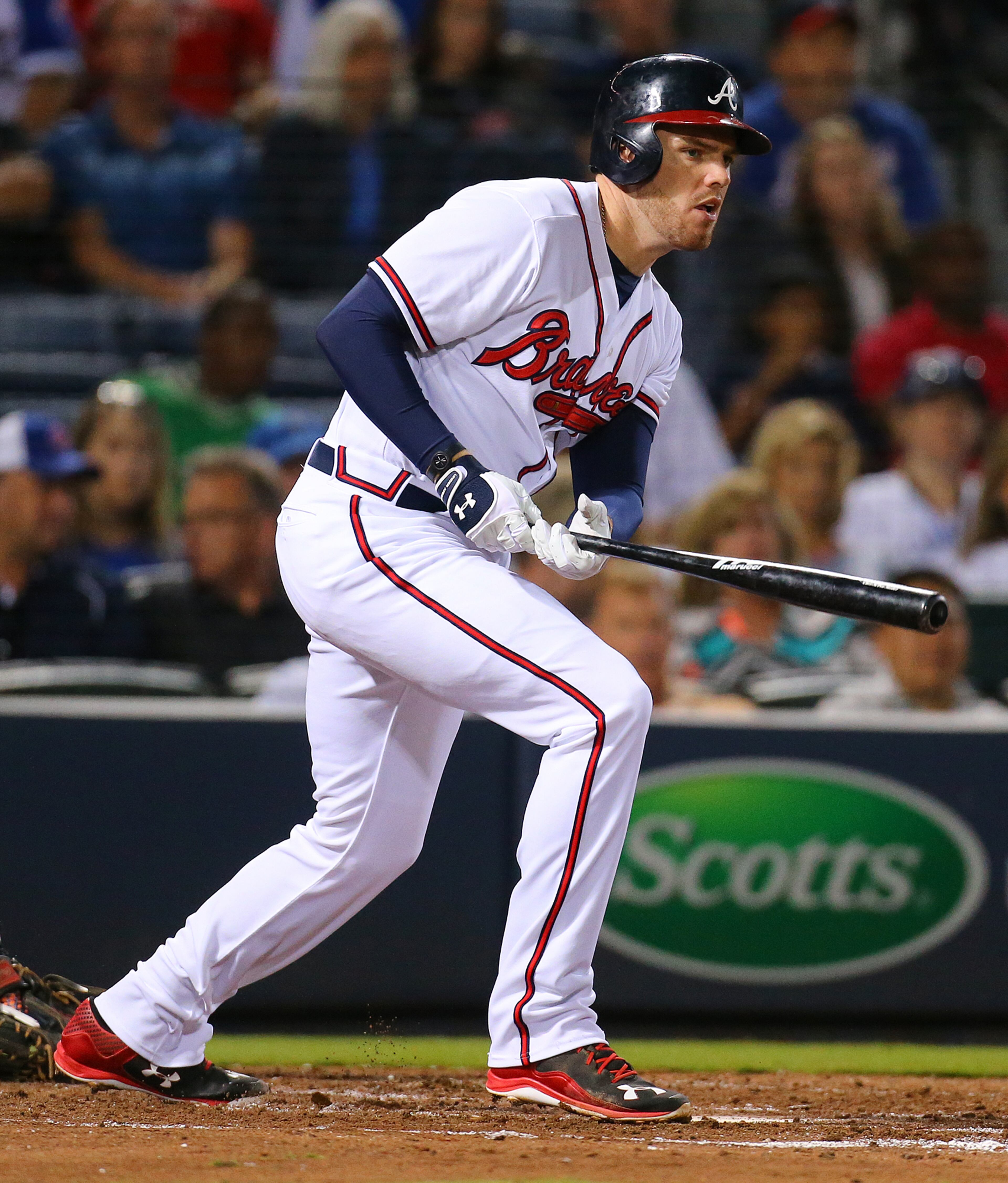 Braves Freddie Freeman rips a RBI single to take a 2-1 lead over the Blue Jays during the third inning in a baseball game on Tuesday, Sept. 15, 2015, in Atlanta. Curtis Compton / ccompton@ajc.com