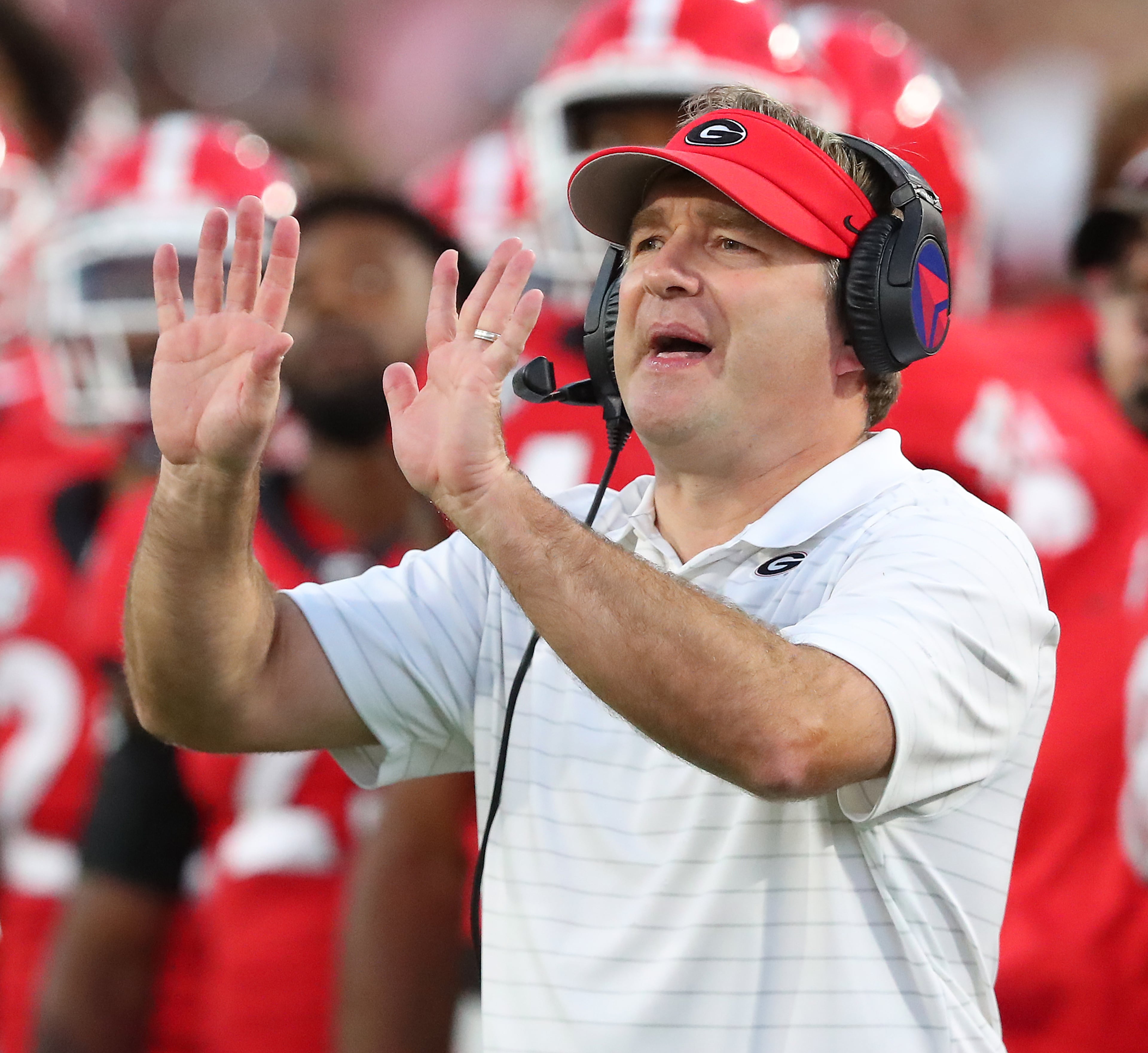 Georgia head coach Kirby Smart urges his defense during the 4th quarter against Kentucky in a NCAA college football game on Saturday, Oct. 16, 2021, in Athens. “Curtis Compton / Curtis.Compton@ajc.com”