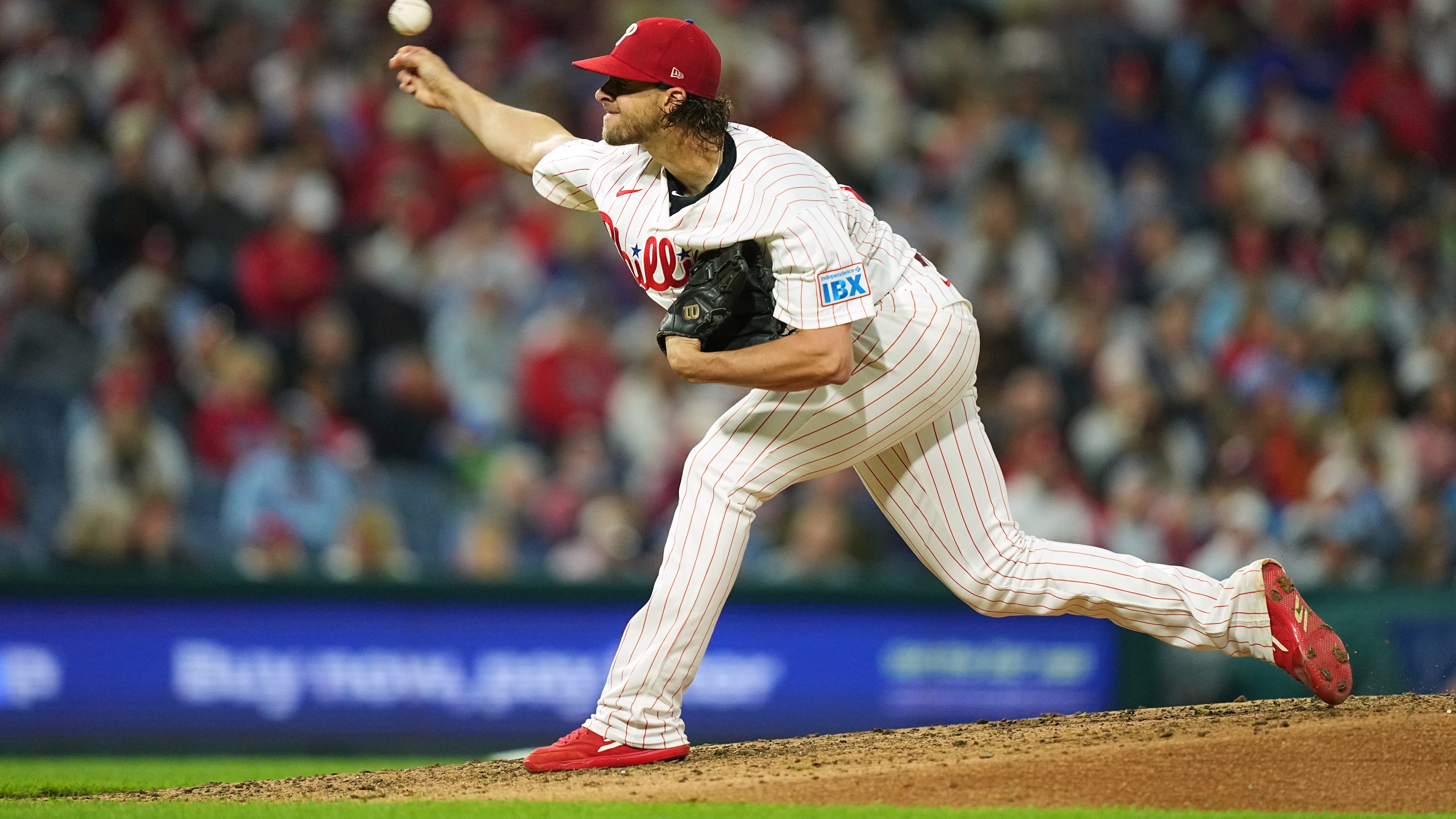 Philadelphia Phillies' Aaron Nola pitches during the fifth inning of a baseball game against the Milwaukee Brewers, Wednesday, Sept. 23, 2026, in Philadelphia. (AP Photo/Matt Rourke)
