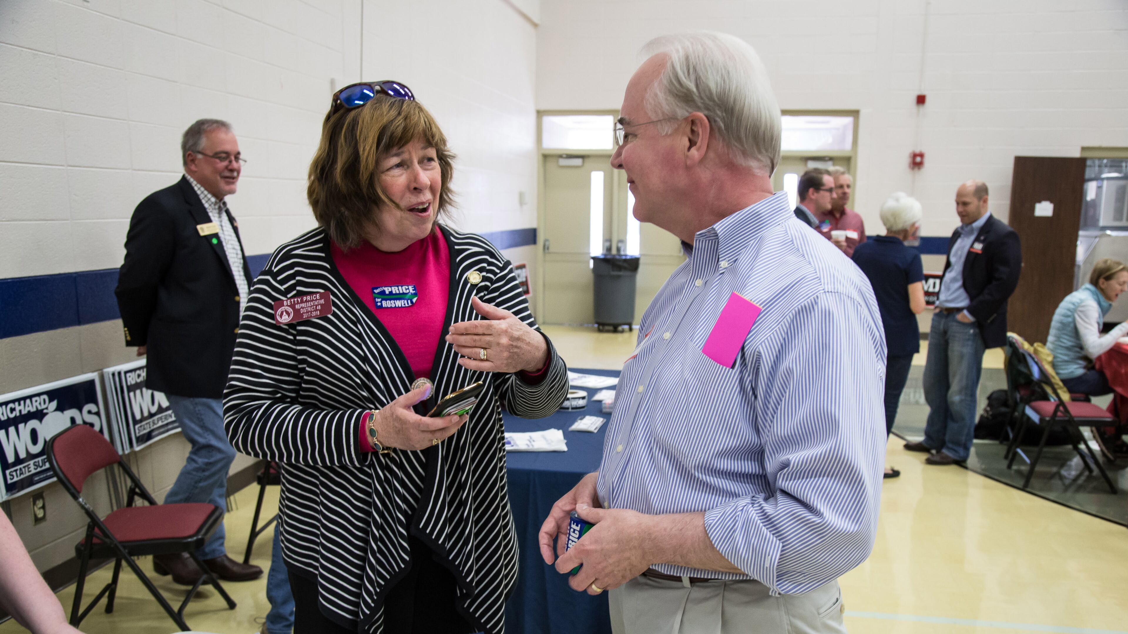 State Rep. Betty Price talks with her husband, former U.S. Rep. Tom Price, during the 6th Congressional District BBQ Roundup in Roswell, GA Saturday, April 21, 2018. STEVE SCHAEFER / SPECIAL TO THE AJC