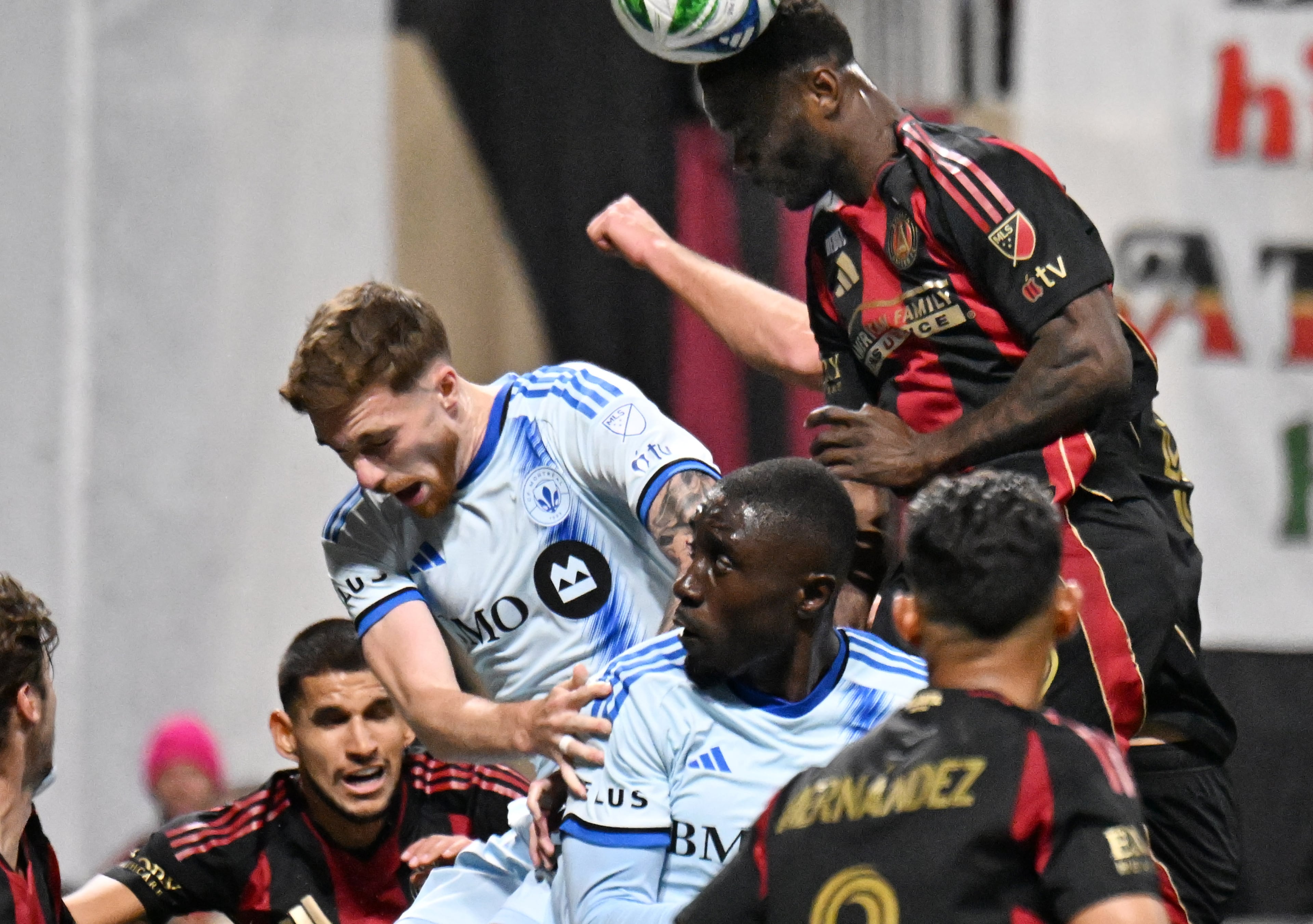 Atlanta United forward Emmanuel Latte Lath (19) heads the ball on goal during the first half of Atlanta United’s MLS season opener at Mercedes-Benz Stadium, Saturday, February 22, 2025, in Atlanta. (Hyosub Shin / AJC)