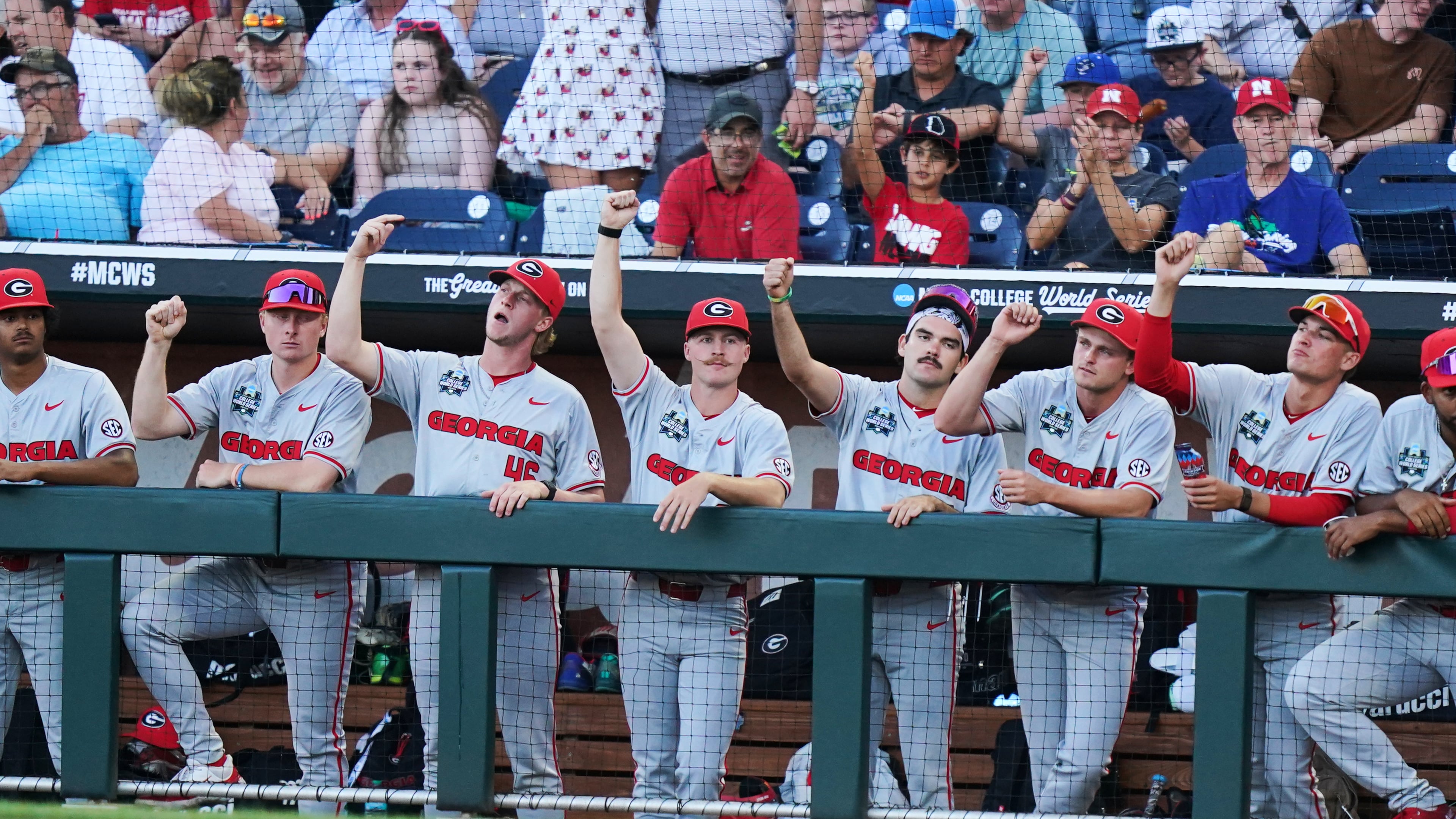 The Bulldogs cheer in the dugout during their College World Series game against Oklahoma on Monday, June 15, 2026 in Omaha, Neb. Georgia got its 13th transfer portal pickup Friday evening. (Vera Nieuwenhuis/AP)
