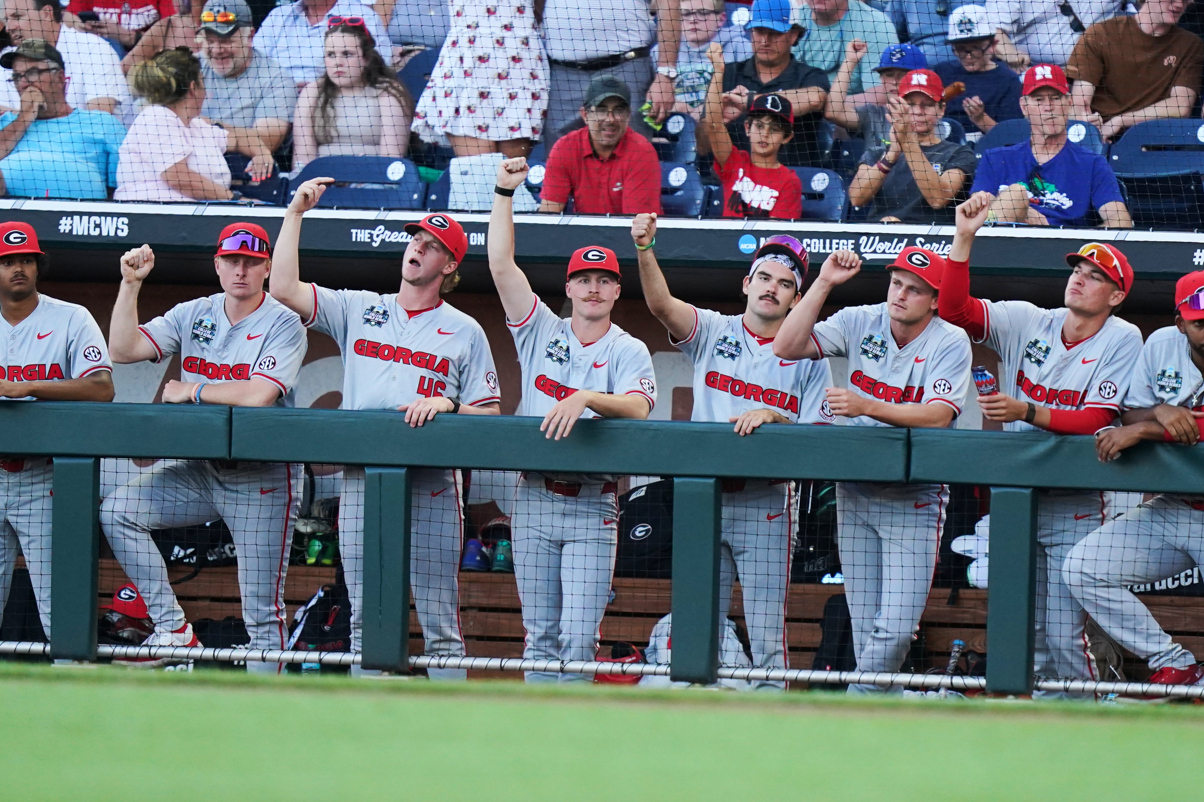 Georgia teammates cheer in the dugout during their College World Series game against Oklahoma on Monday, June 15, 2026, in Omaha, Neb. (Vera Nieuwenhuis/AP)