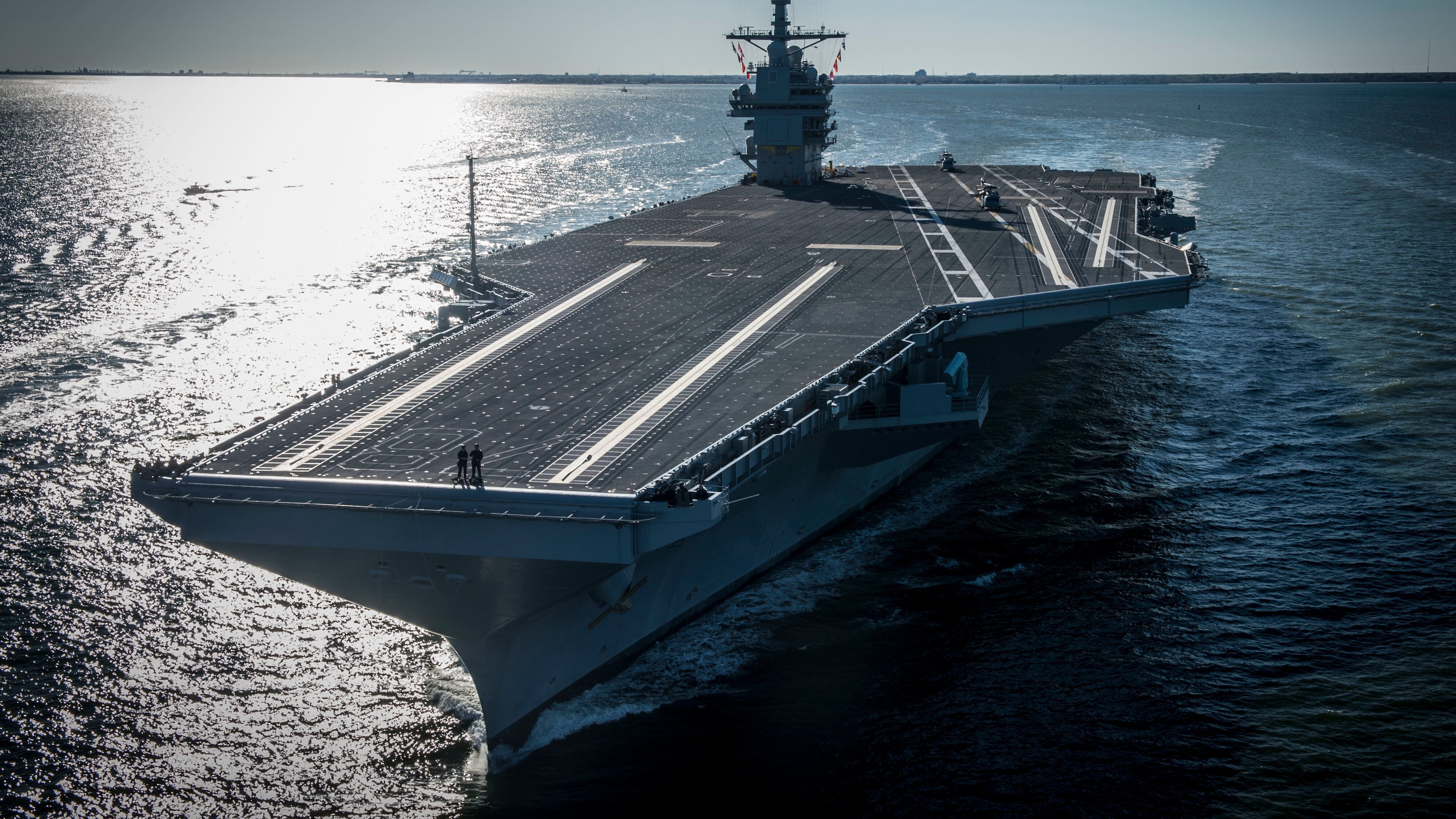 FILE - In this photo provided by the U.S. Navy, the USS Gerald R. Ford embarked on the first of its sea trials to test various state-of-the-art systems on its own power for the first time, April 8, 2017, from Newport News, Va. (Mass Communication Specialist 2nd Class Ridge Leoni/U.S. Navy via AP, File)