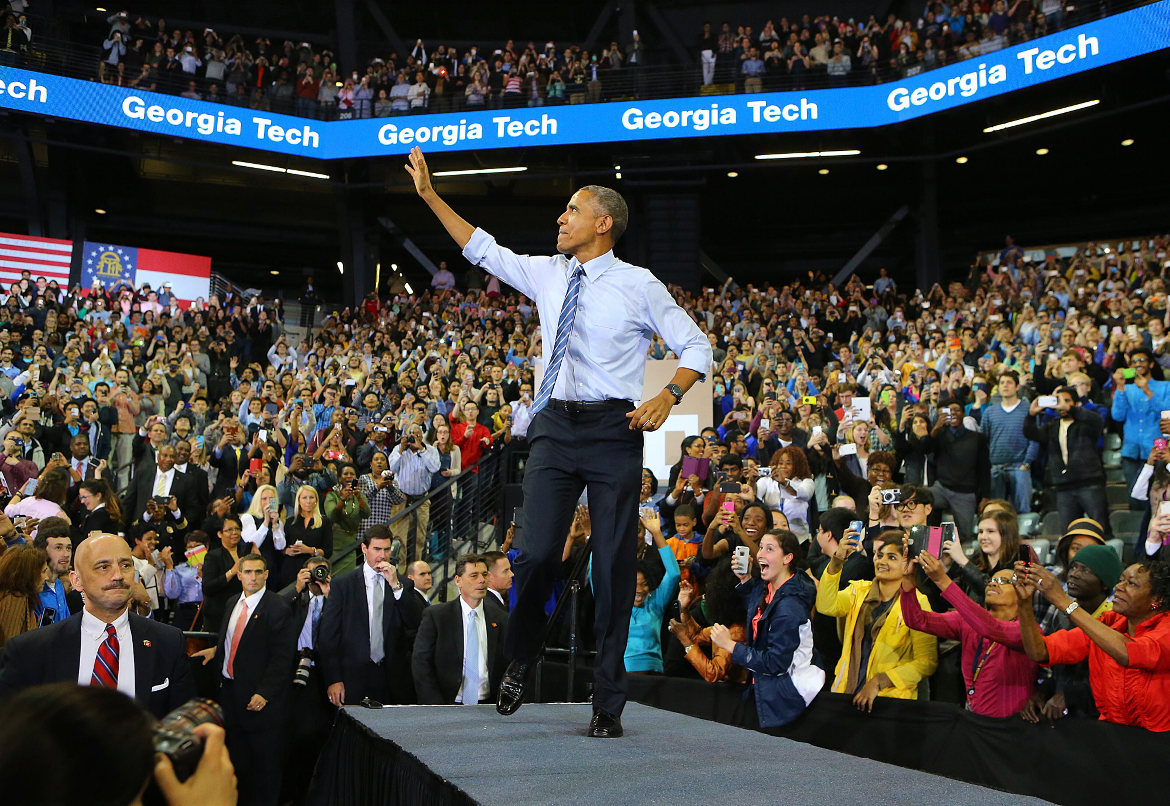 President Barack Obama receives a standing ovation as he takes the stage to discuss college affordability and access to quality higher education at Georgia Tech on Tuesday, March 10, 2015, in Atlanta. Curtis Compton / ccompton@ajc.com