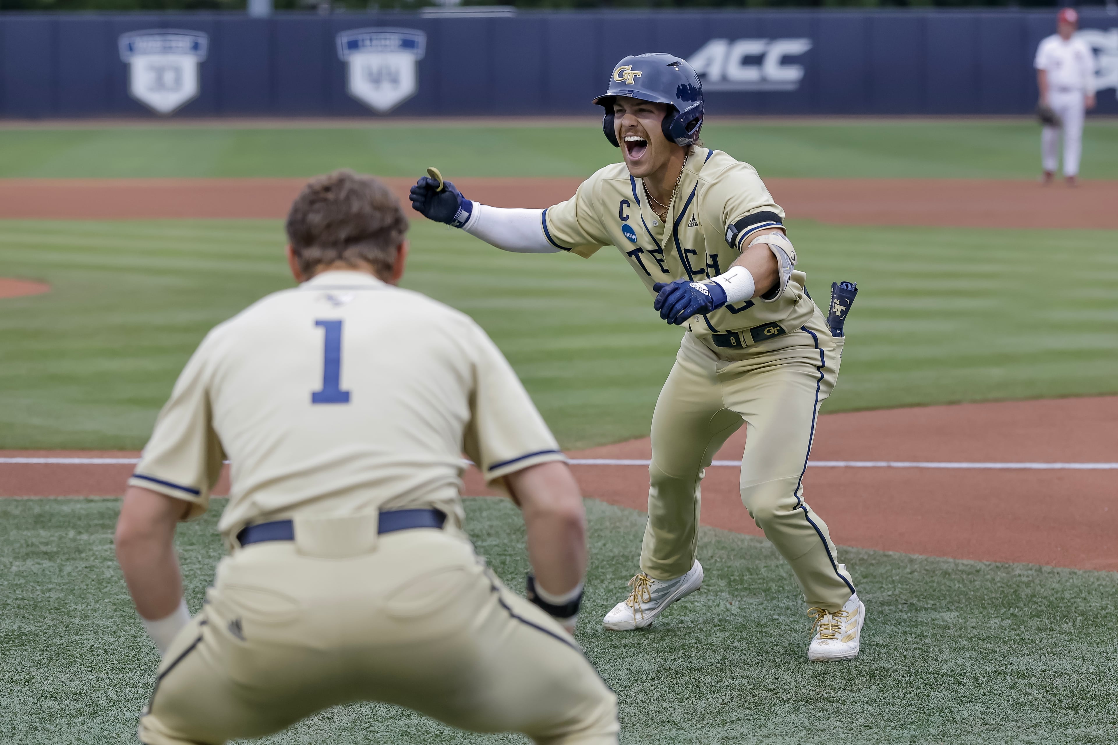 Georgia Tech's Drew Burress (right) celebrates after hitting a two-run home against Oklahoma during the first inning of the Atlanta Regional game at Russ Chandler Stadium, Sunday, May 31, 2026, in Atlanta. (Erik S. Lesser for the AJC)