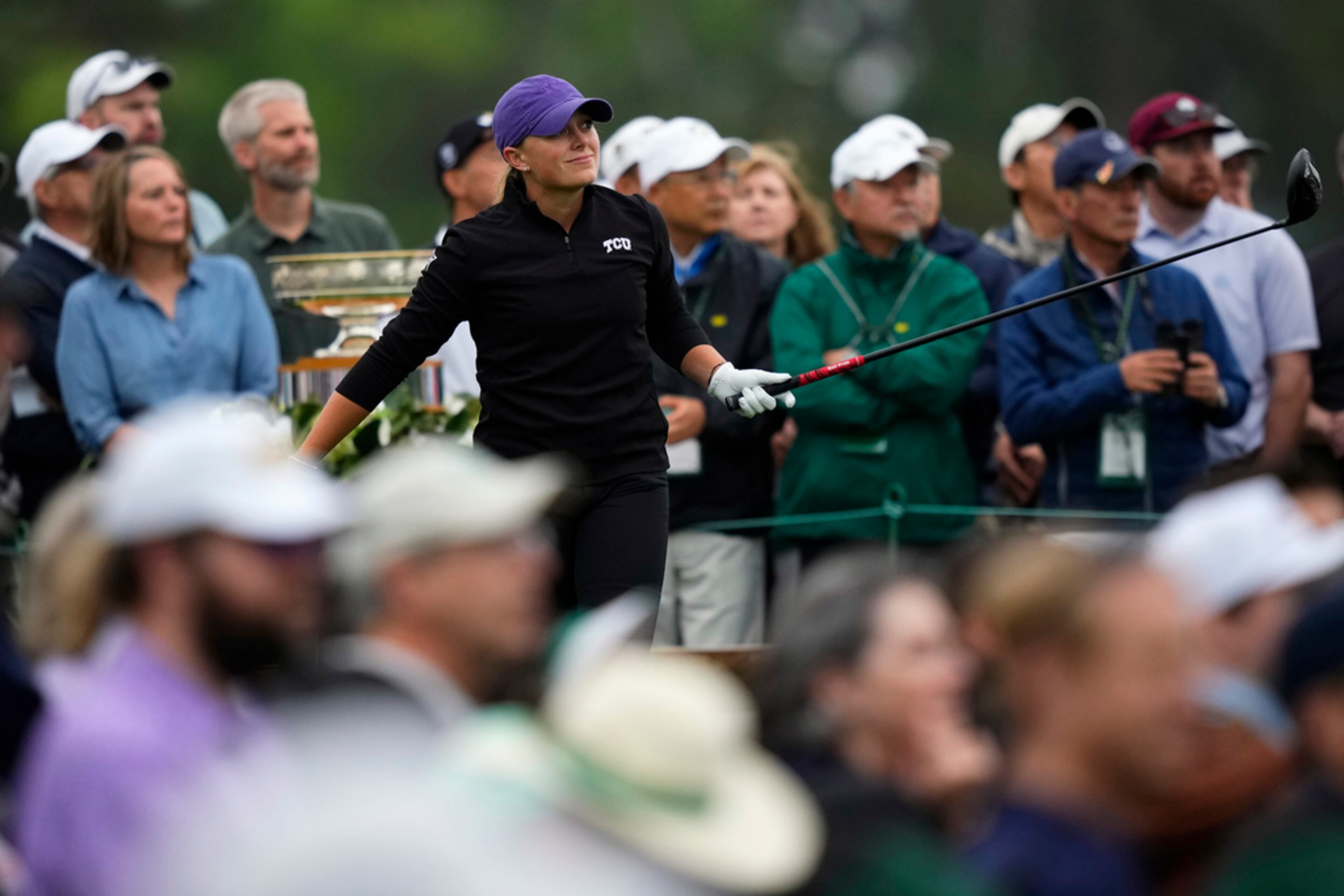 Caitlyn Macnab, of South Africa, reacts to her tee shot on the first hole during the final round of the Augusta National Women's Amateur golf tournament, Saturday, April 1, 2023, in Augusta, Ga. (AP Photo/Matt Slocum)