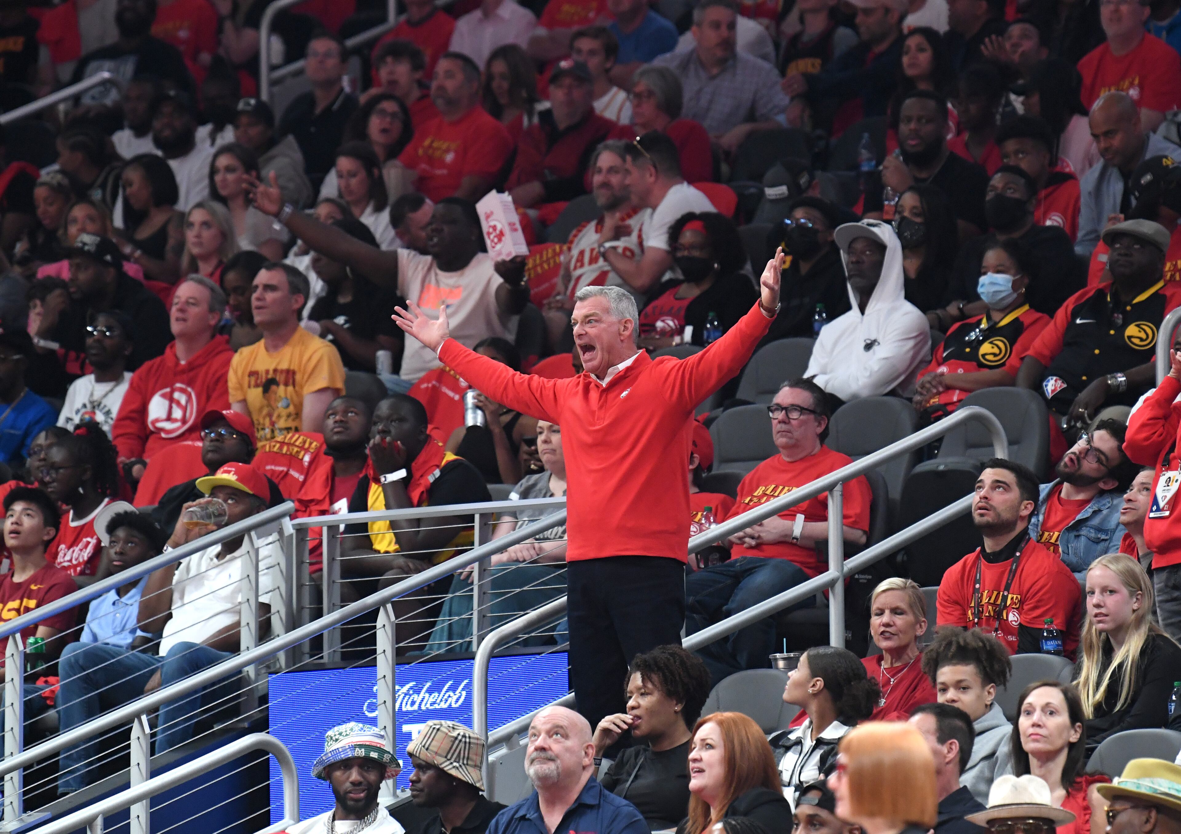 Hawks owner Tony Ressler reacts to a call during the first half in Game 3 of the first round of the NBA playoffs at State Farm Arena on Friday, April 22, 2022. The Hawks won 111-110. (Hyosub Shin / Hyosub.Shin@ajc.com)