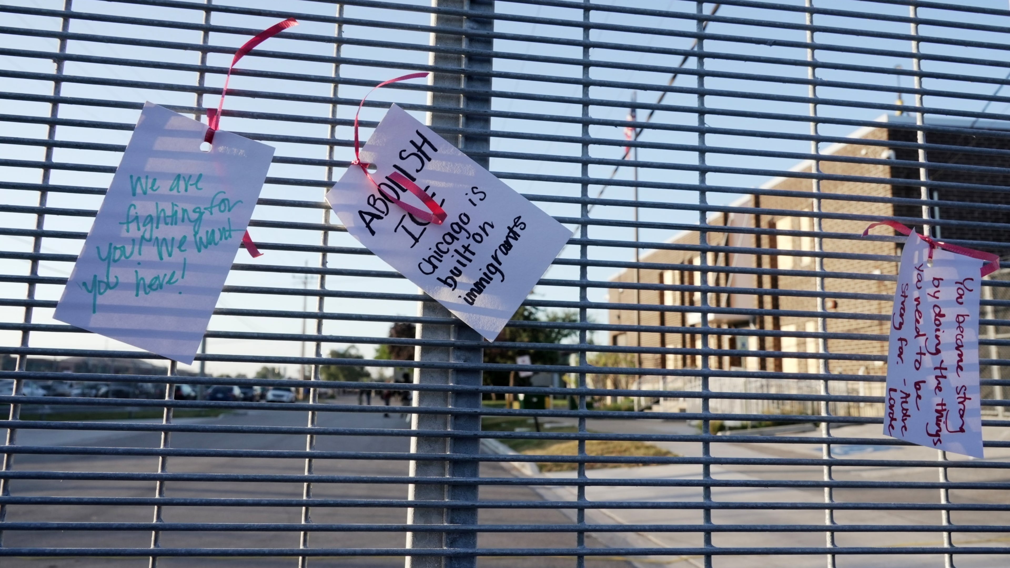 FILE - People protest outside a federal immigration enforcement building in Broadview, Ill. on Sept. 26, 2025. (AP Photo/Laura Bargfeld, File)