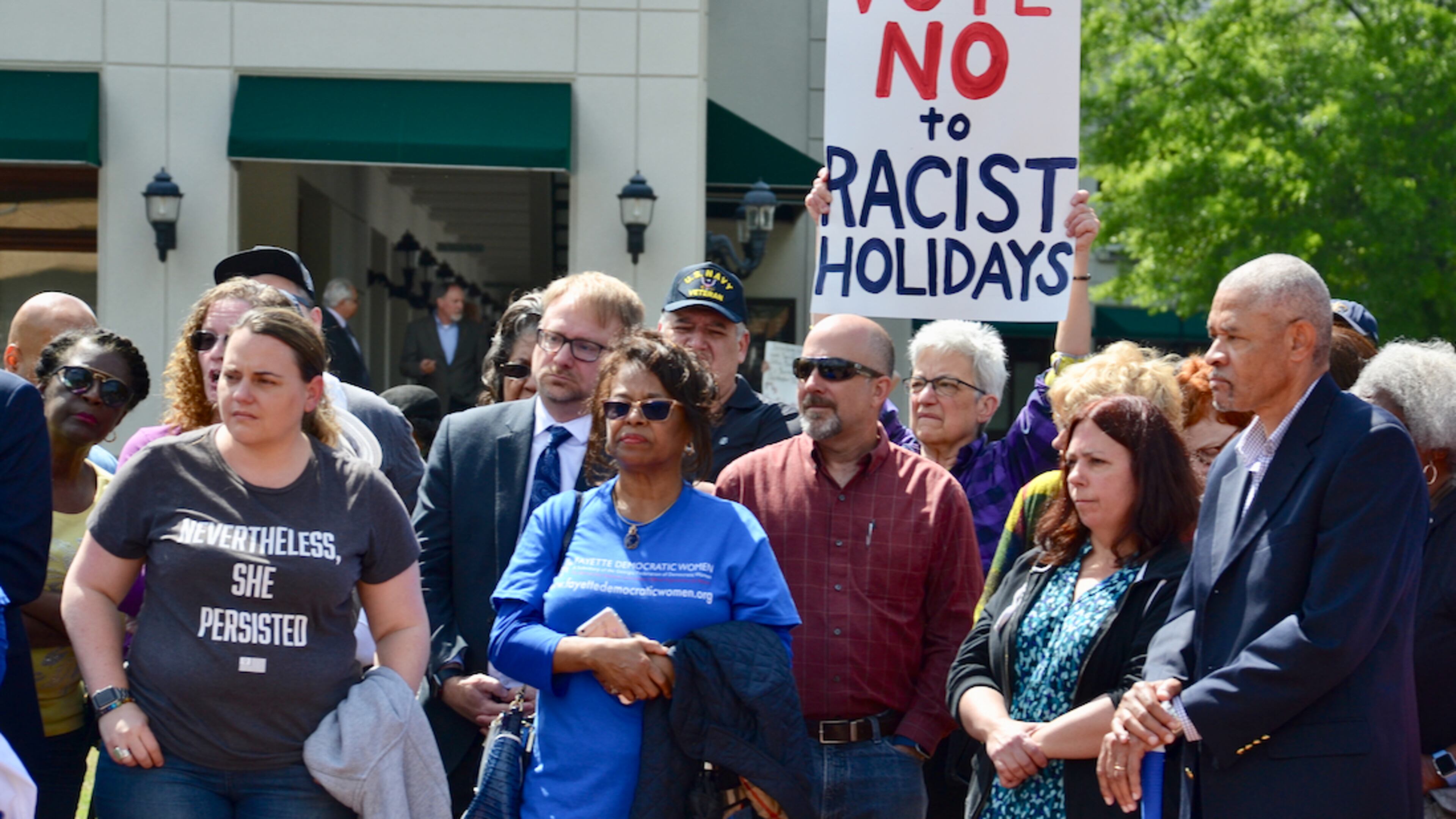 A rally opposing a Confederate Heritage and History proclamation preceded the Fayette County Board of Commissoners meeting on April 24. Jill Howard Church for the AJC