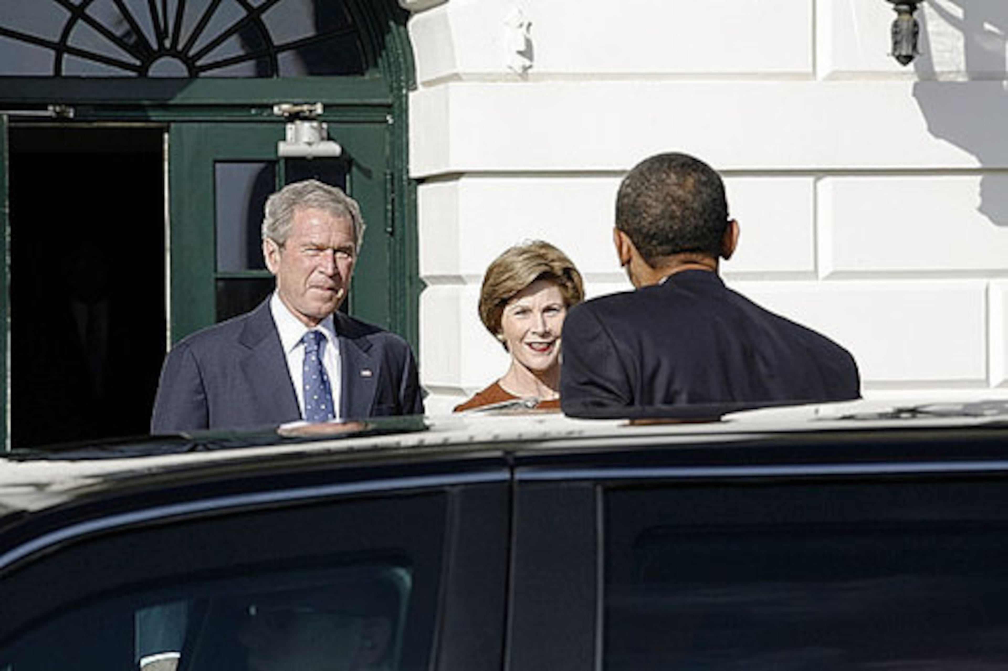 President George W. Bush and First Lady Laura Bush welcome President-elect Barack Obama to the White House.