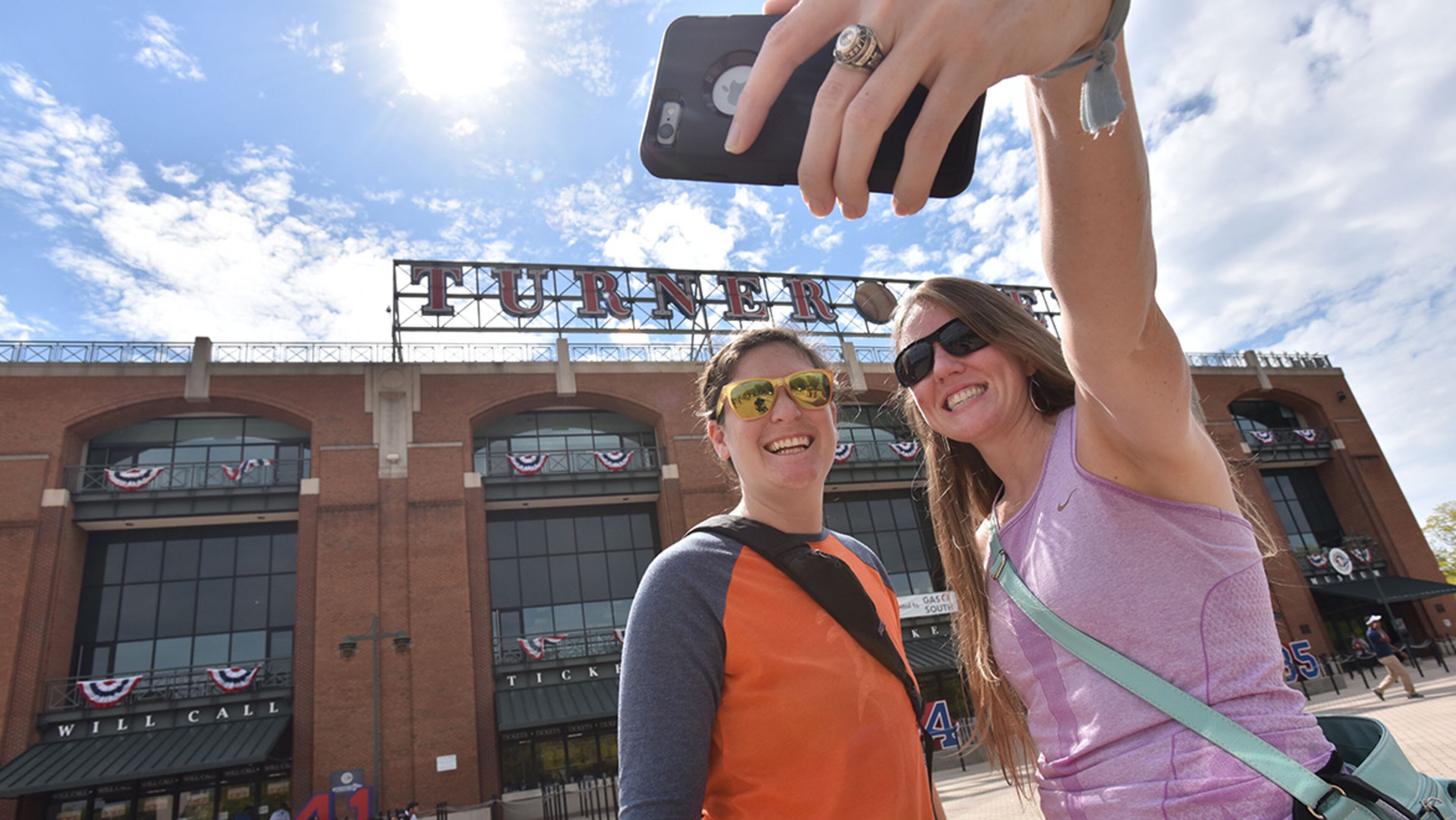 October 2, 2016 Atlanta - Katy Ferguson and Meghan Austin take selfie before the final Atlanta Braves game against the Detroit Tigers at Turner Field on Sunday, October 2, 2016. HYOSUB SHIN / HSHIN@AJC.COM