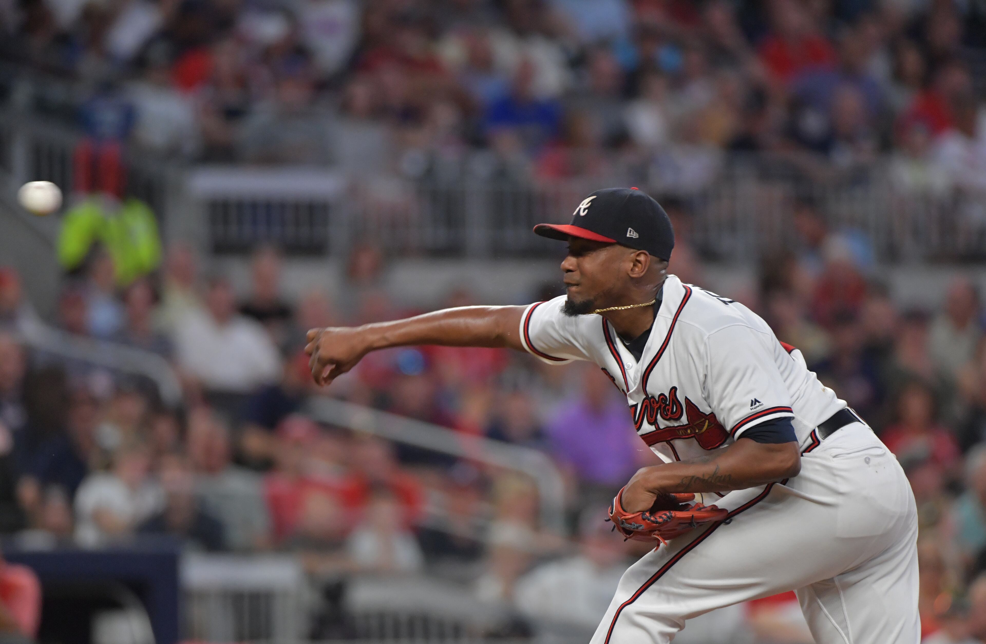 September 21, 2018 Atlanta - Atlanta Braves starting pitcher Julio Teheran (49) throws a pitch against the Philadelphia Phillies during the first inning in a MLB baseball game at SunTrust Park on Friday, September 21, 2018. HYOSUB SHIN / HSHIN@AJC.COM
