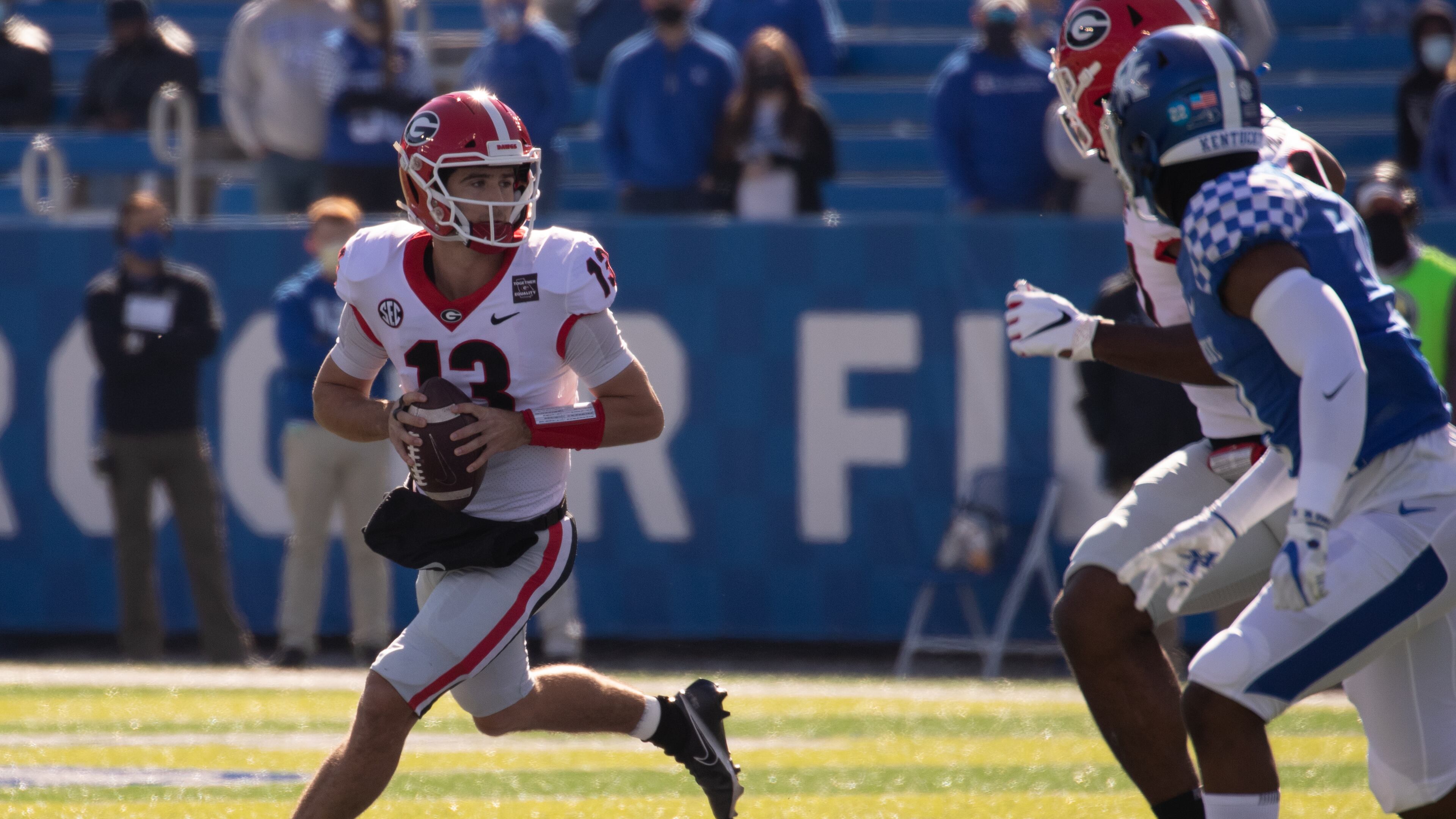 Georgia quarterback Stetson Bennett (13) during the Bulldogs' game with Kentucky in Lexington, Ky., on Saturday, Oct. 31, 2020. (Photo by Mark Cornelison)