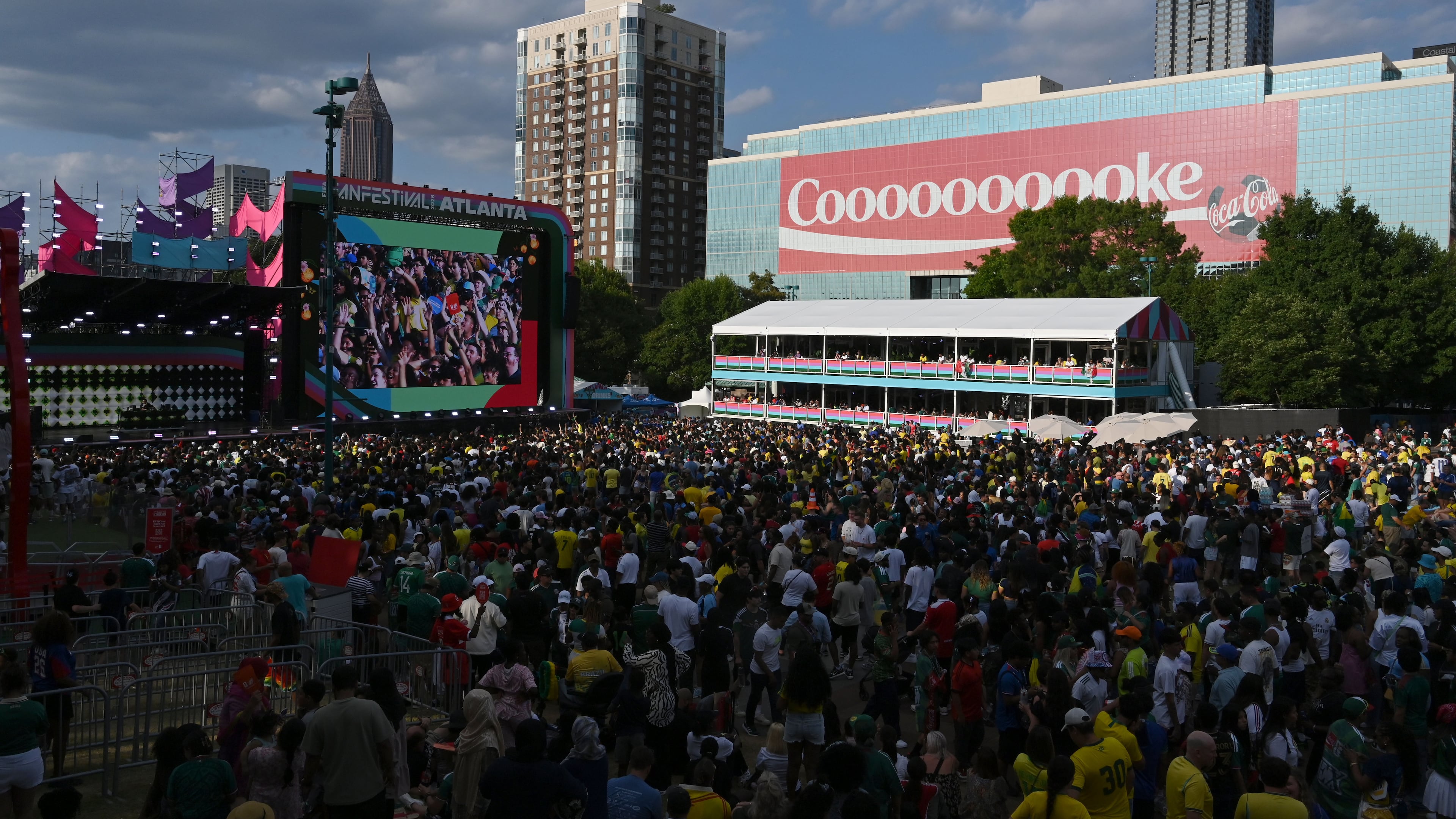 Soccer fans gather to watch a match between Brazil and Scotland at the FIFA Fan Festival in Centennial Olympic Park on Wednesday, June 24, 2026, in Atlanta. (Hyosub Shin/AJC)